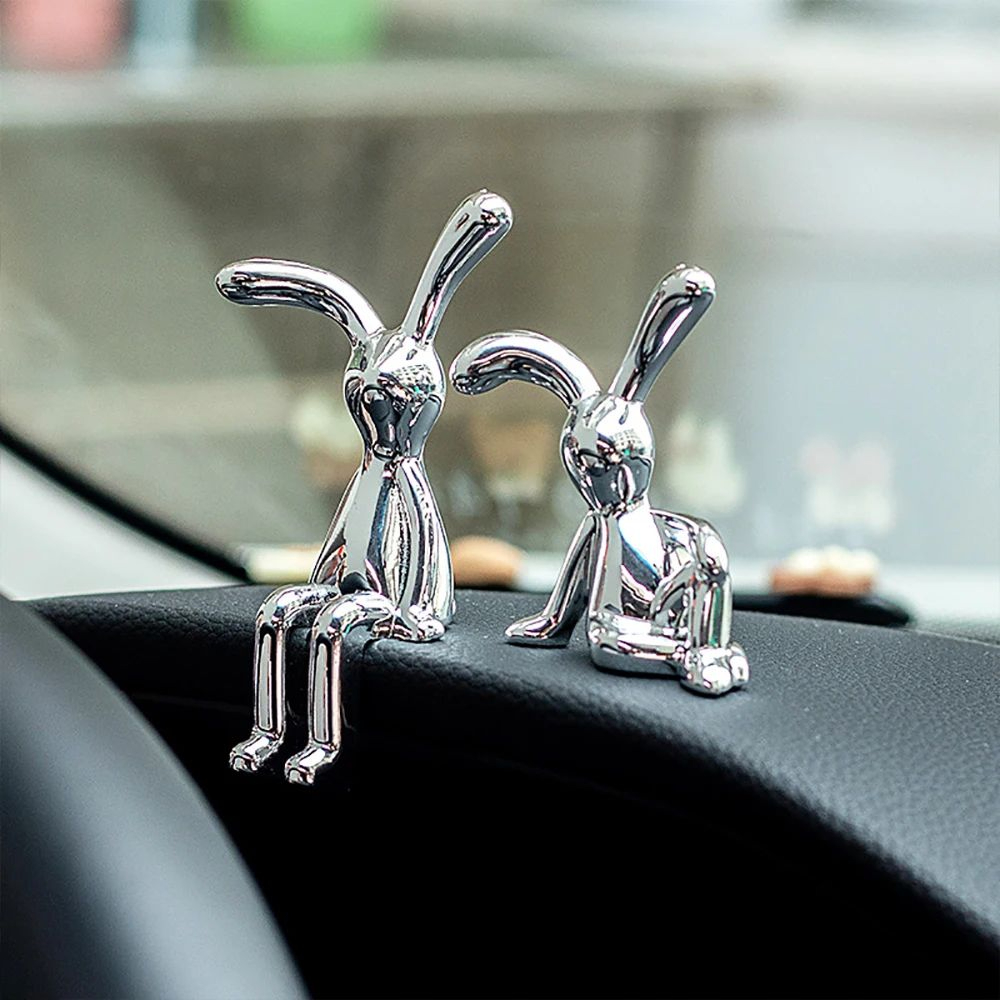 Silver LongEared Bunny Statue Set For Desk Shelf And Car Decor 2