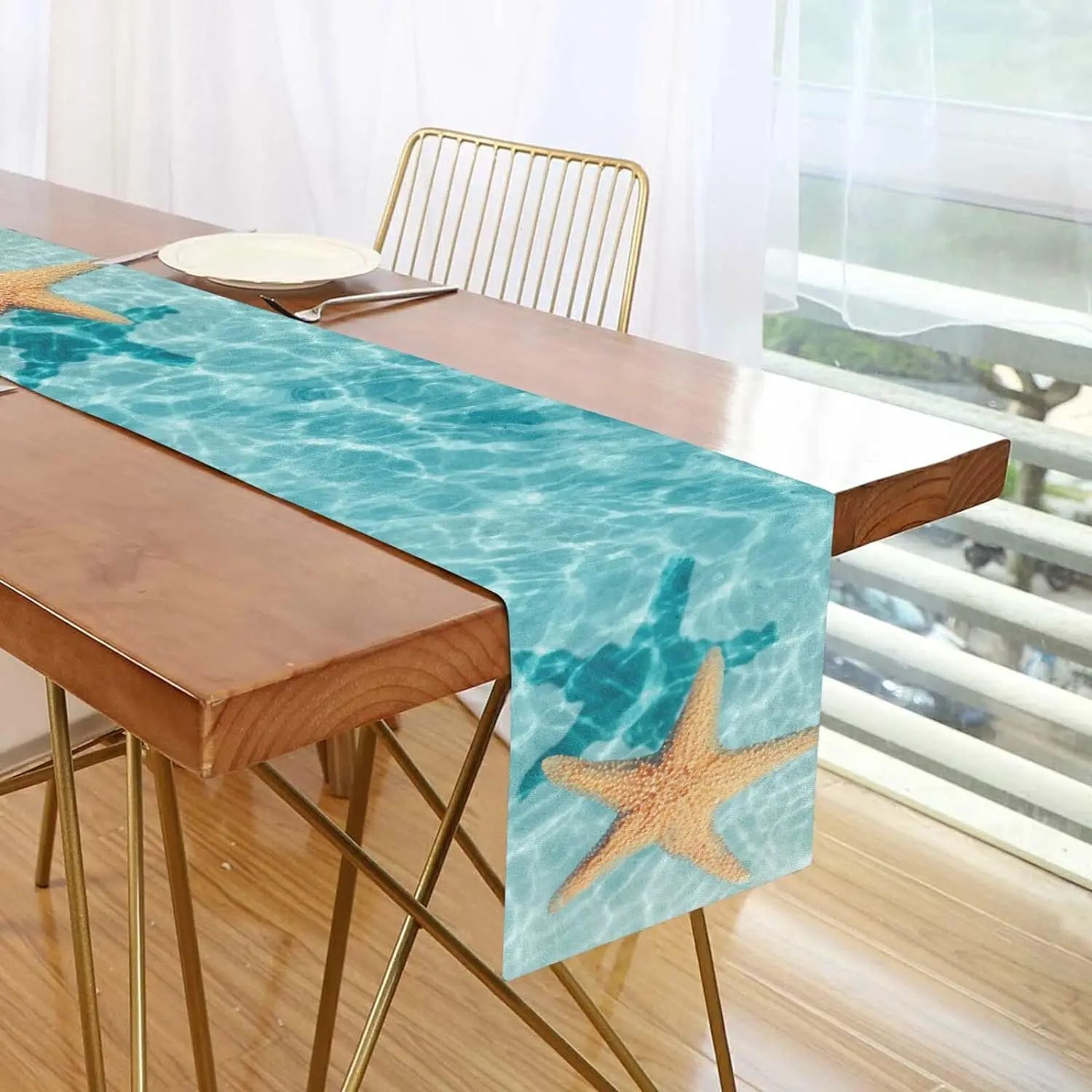 Watercolor Starfish Coastal Table Runner For Beach House Dining Decor 1