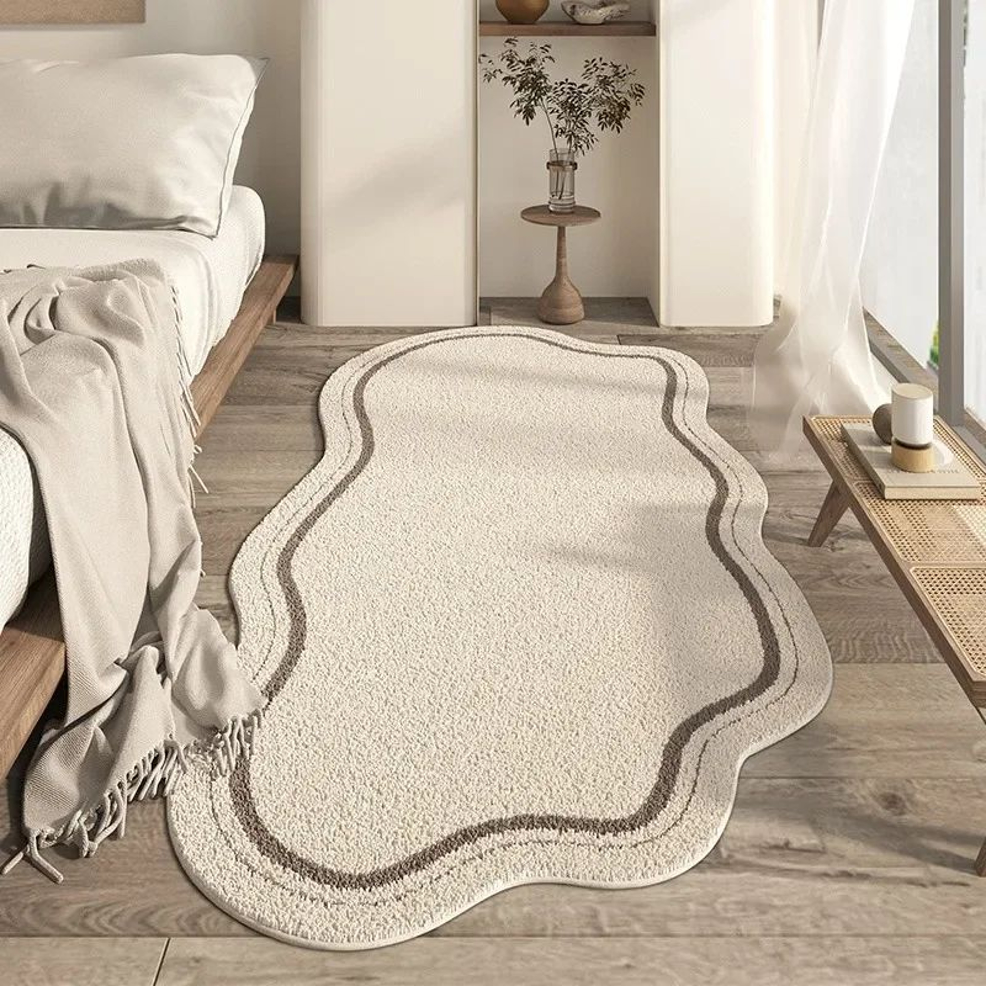 Cream Irregular Area Rug For Bedroom And Living Room Soft NonSlip Minimalist Accent Mat 1