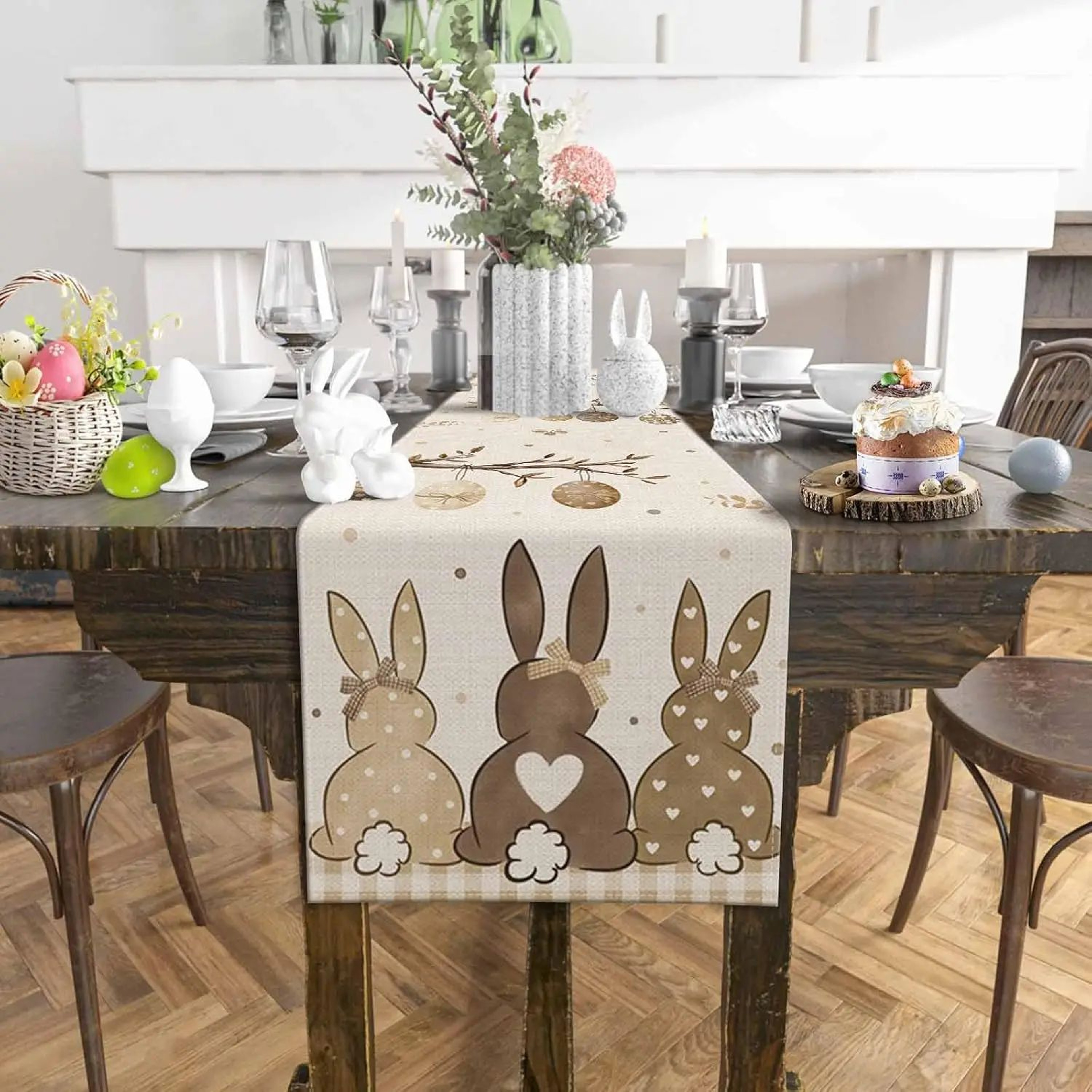Spring Bunny Easter Table Runner  Farmhouse Linen Holiday Decor 2
