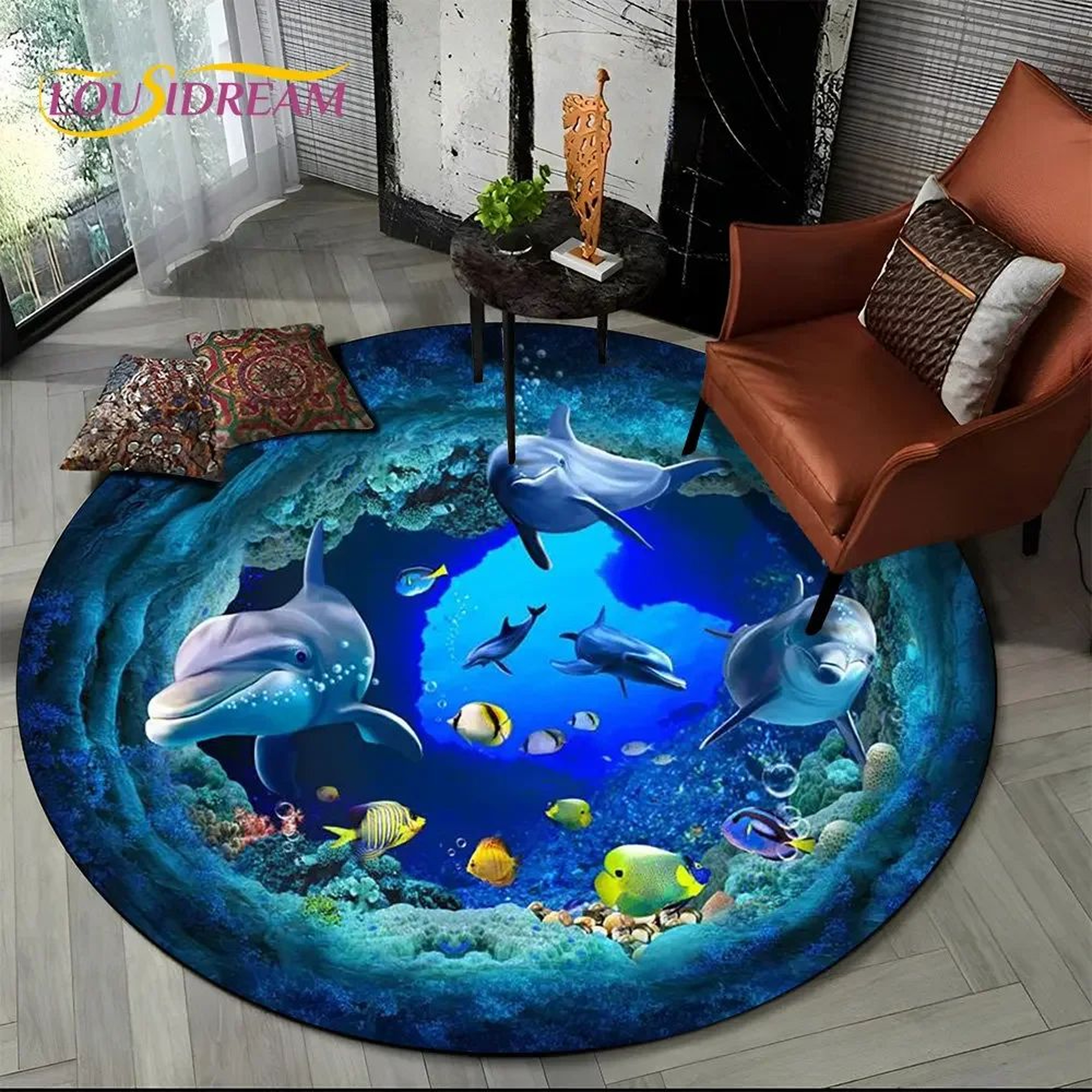 3D Ocean Illusion Dolphin Rug  NonSlip Underwater Area Rug For Living Room  Bedroom Decor 4