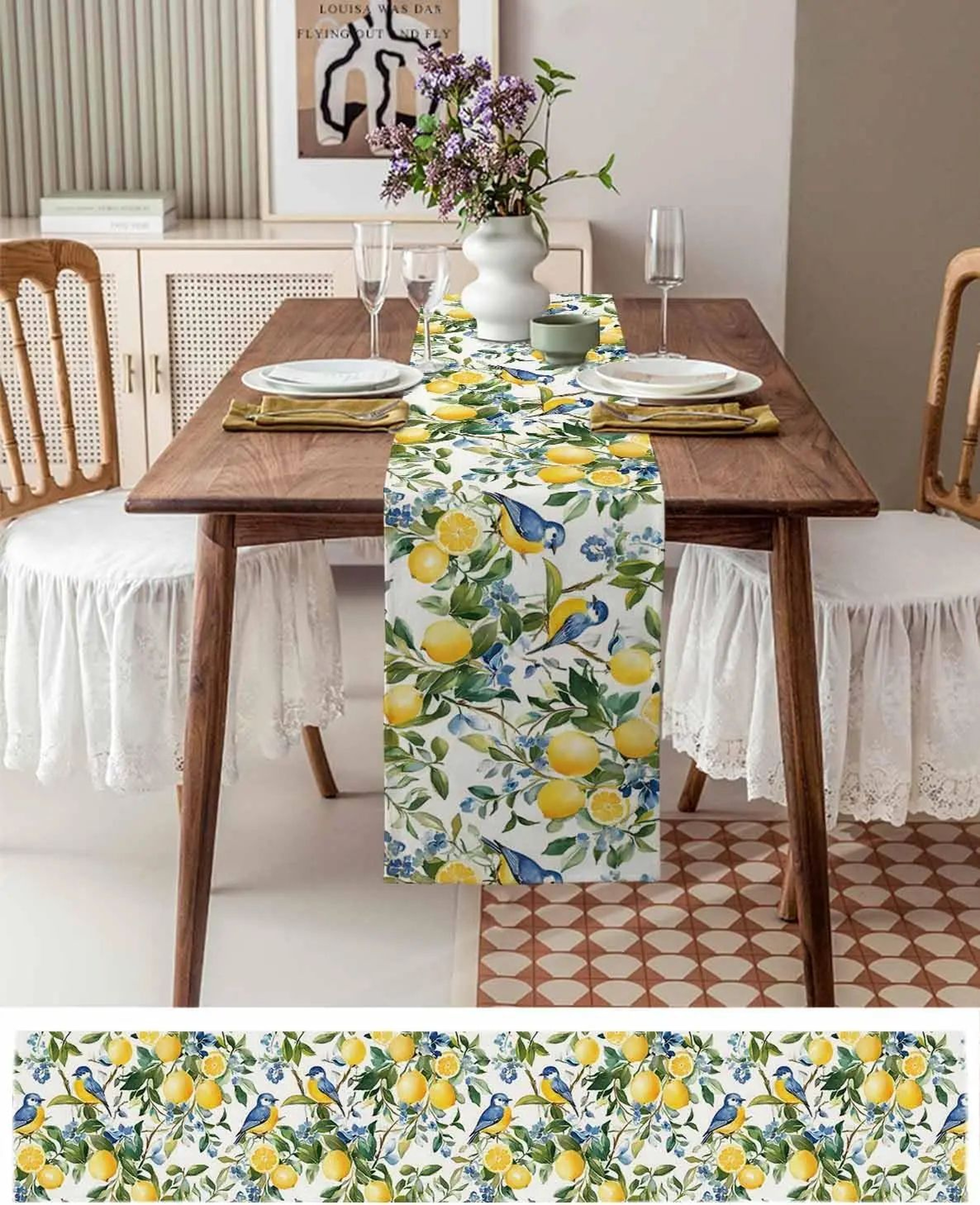 Lemon Tree Blue Bird Linen Table Runner  Vintage Floral Farmhouse Table Decor 1