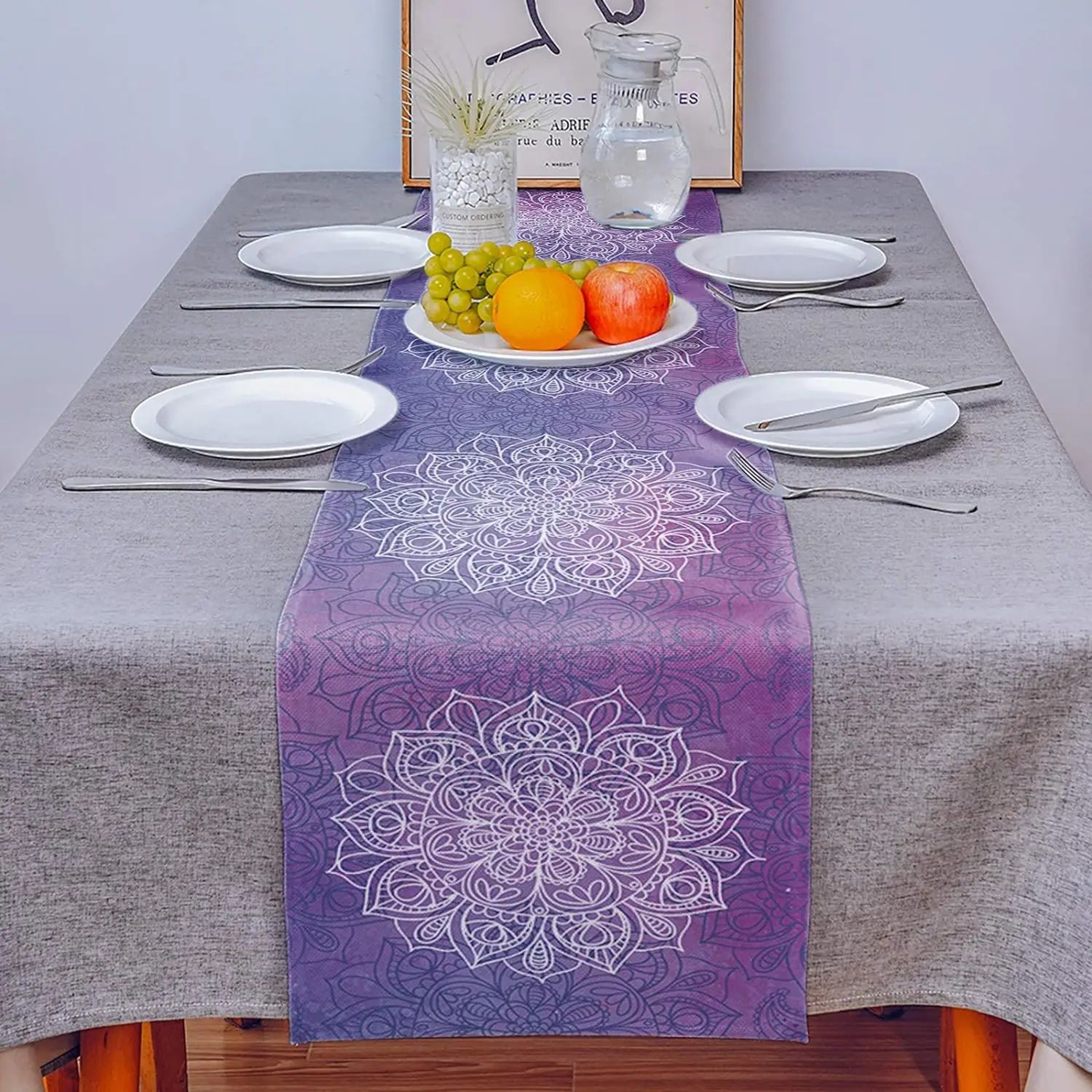 Boho Mandala Linen Table Runner For Farmhouse Dining  Wedding Decor 1
