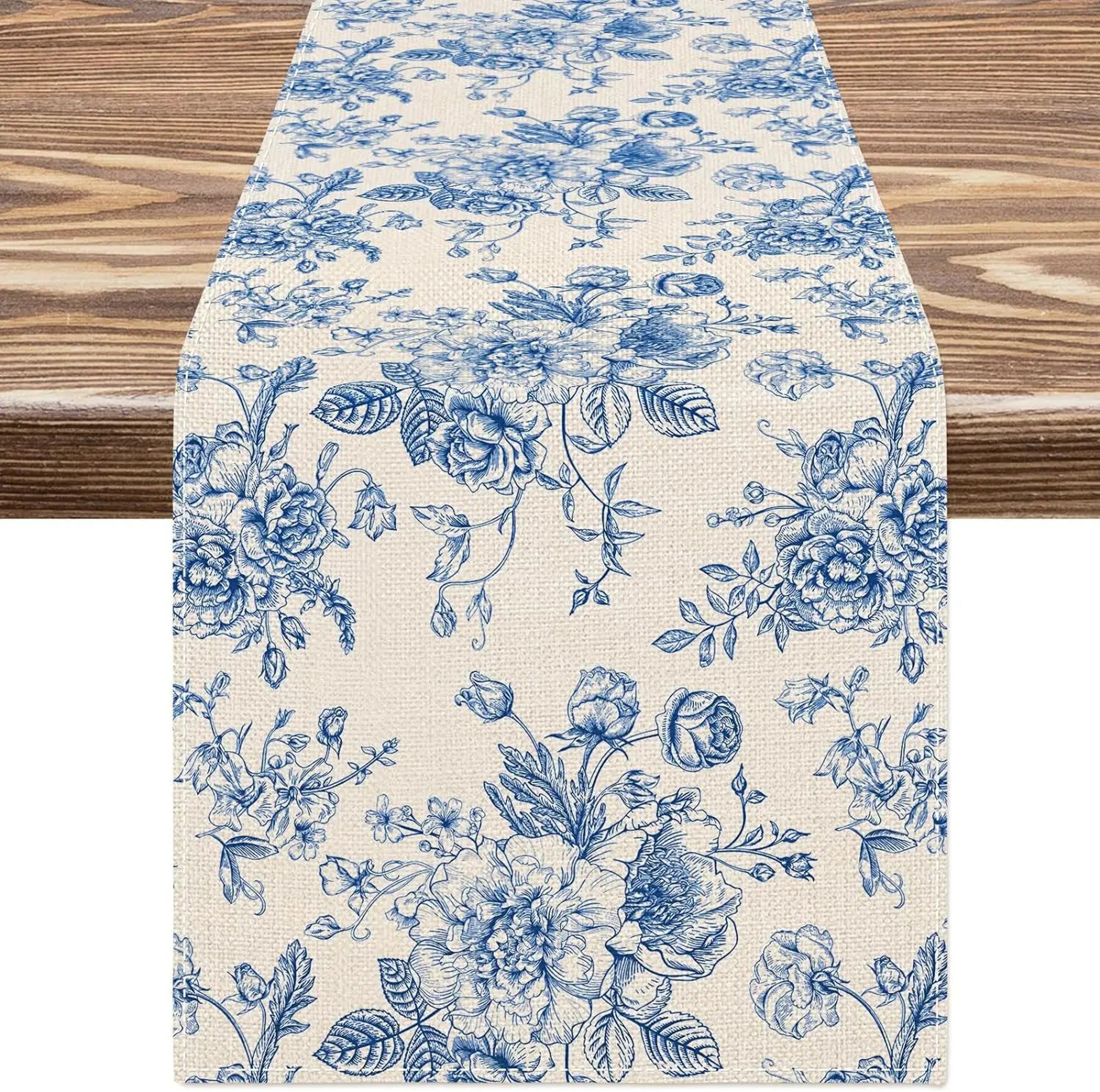 Elegant Chinoiserie Blue Floral Linen Table Runner For Dining  Home Decor 0
