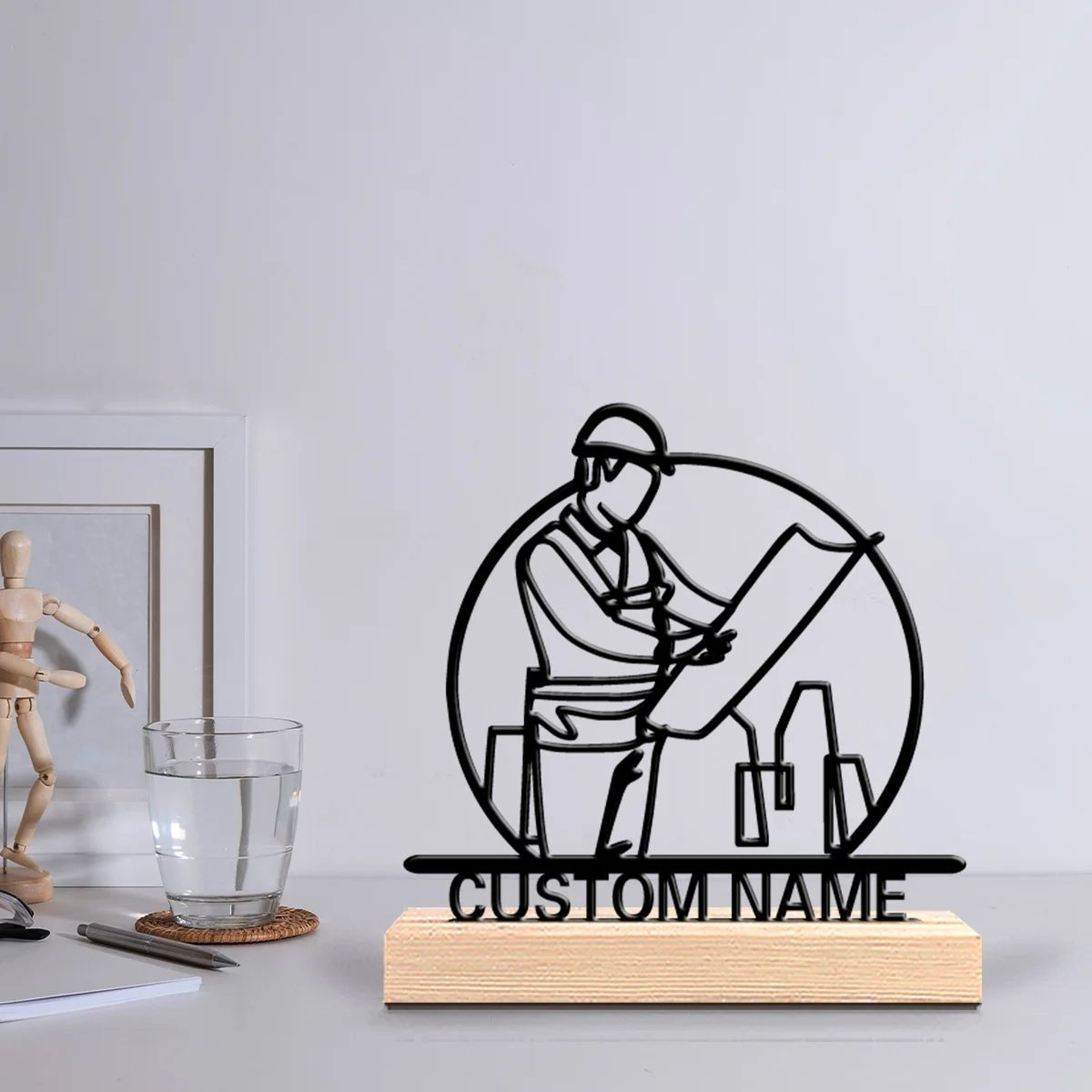 Personalized Architect Desk Decor Metal Sculpture With Wooden Base 0