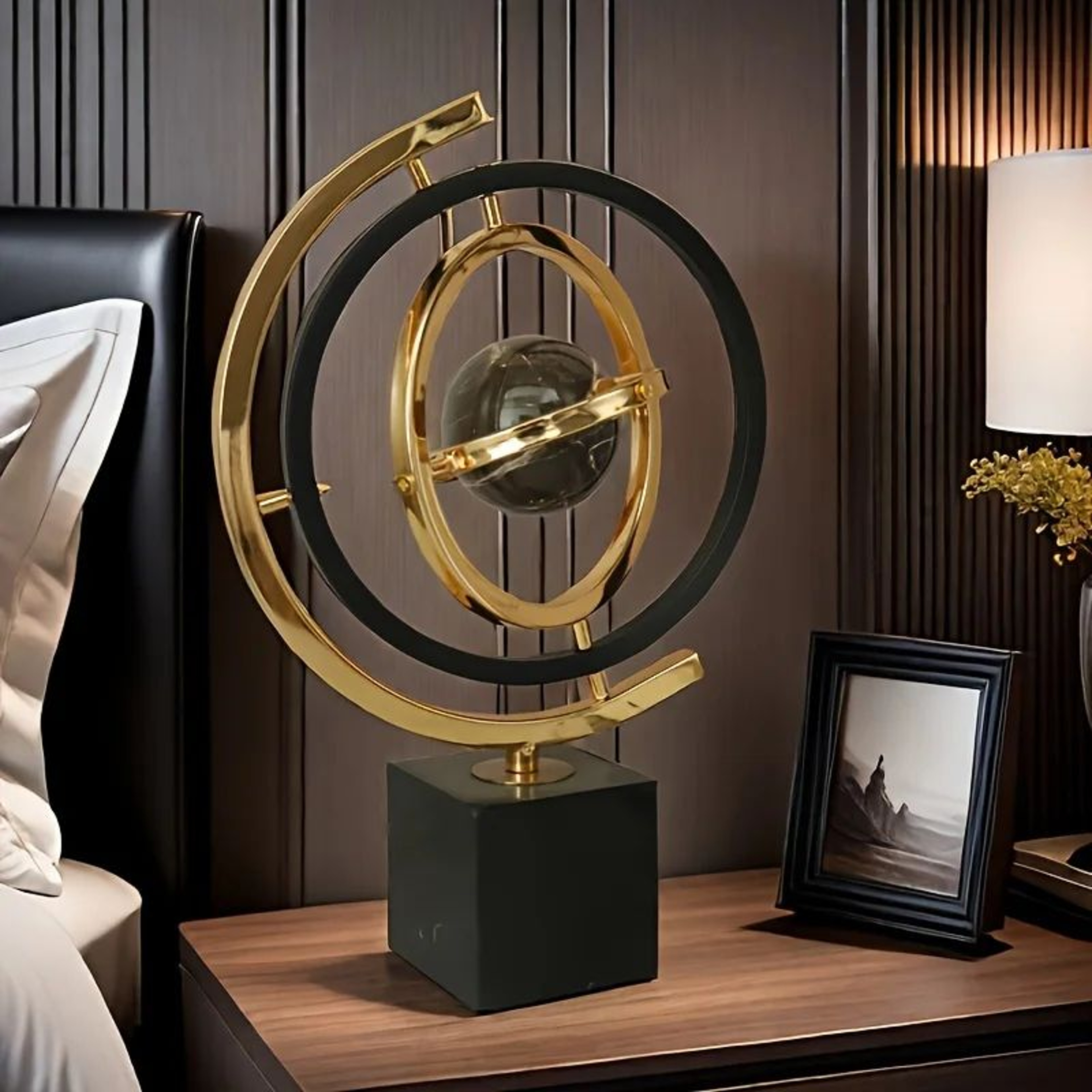 Modern Abstract Metal Globe Decor  Black  Gold Luxury Desk Sculpture 1