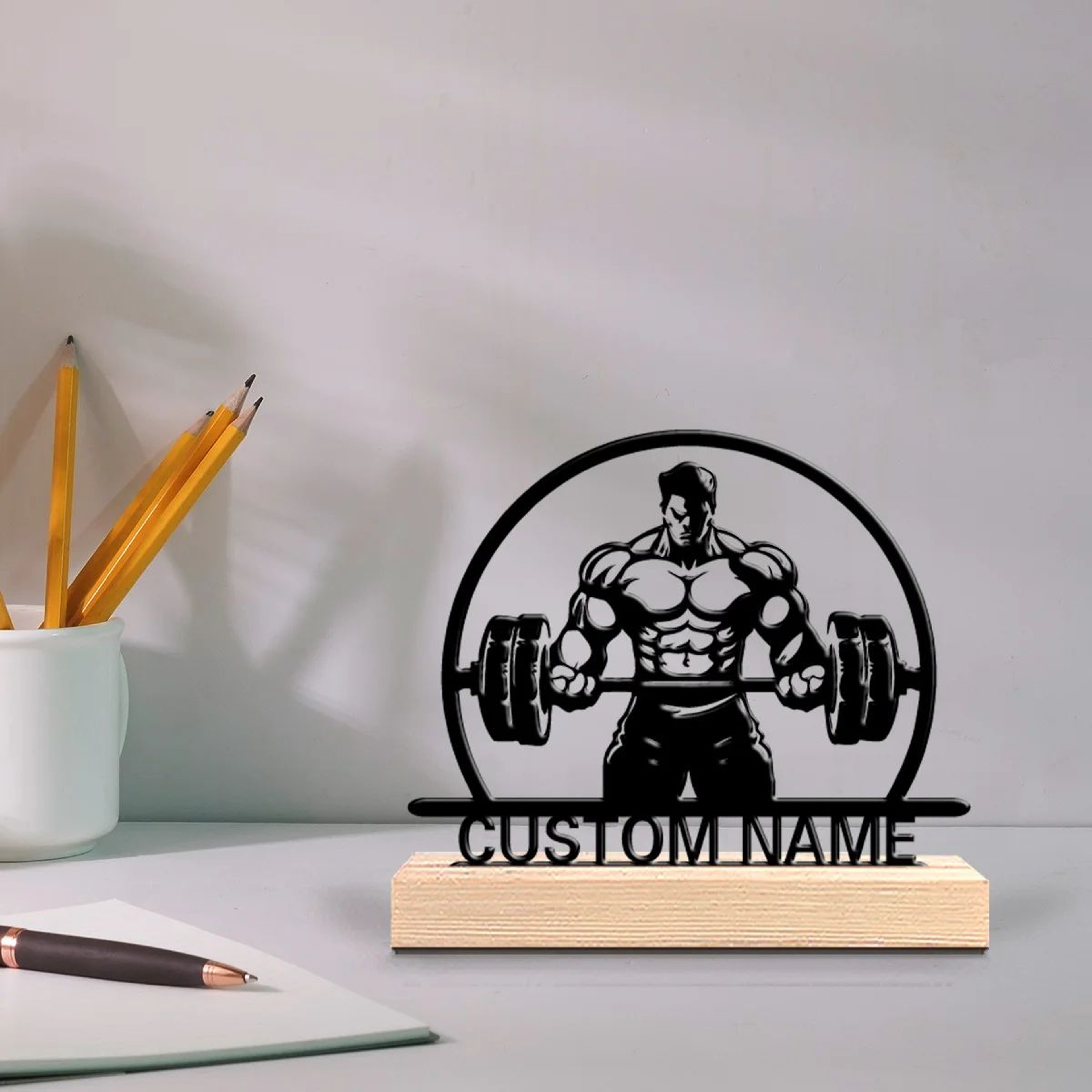 Personalized Weightlifting Metal Sculpture With Wooden Base  Custom Fitness Art Gift 0