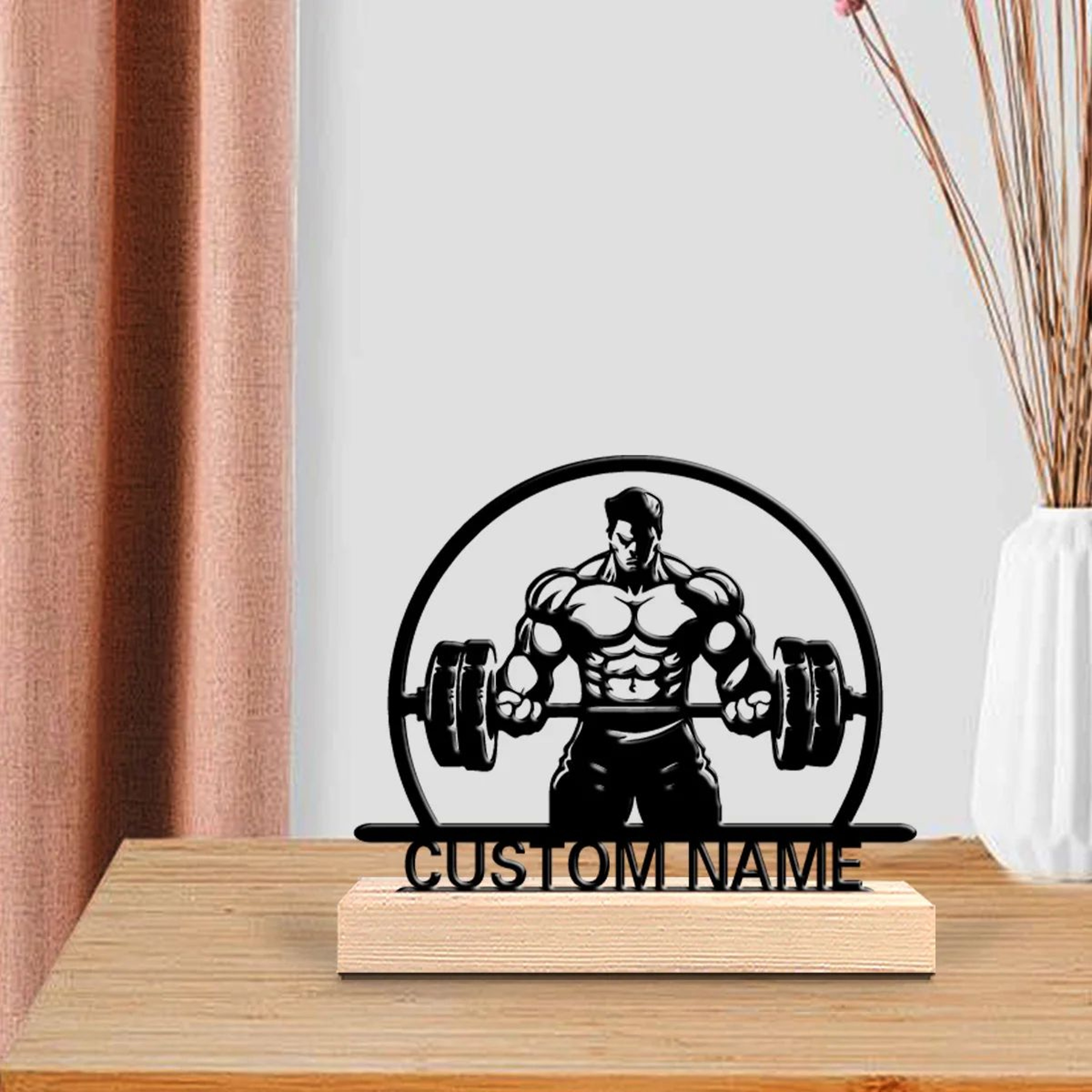 Personalized Weightlifting Metal Sculpture With Wooden Base  Custom Fitness Art Gift 1
