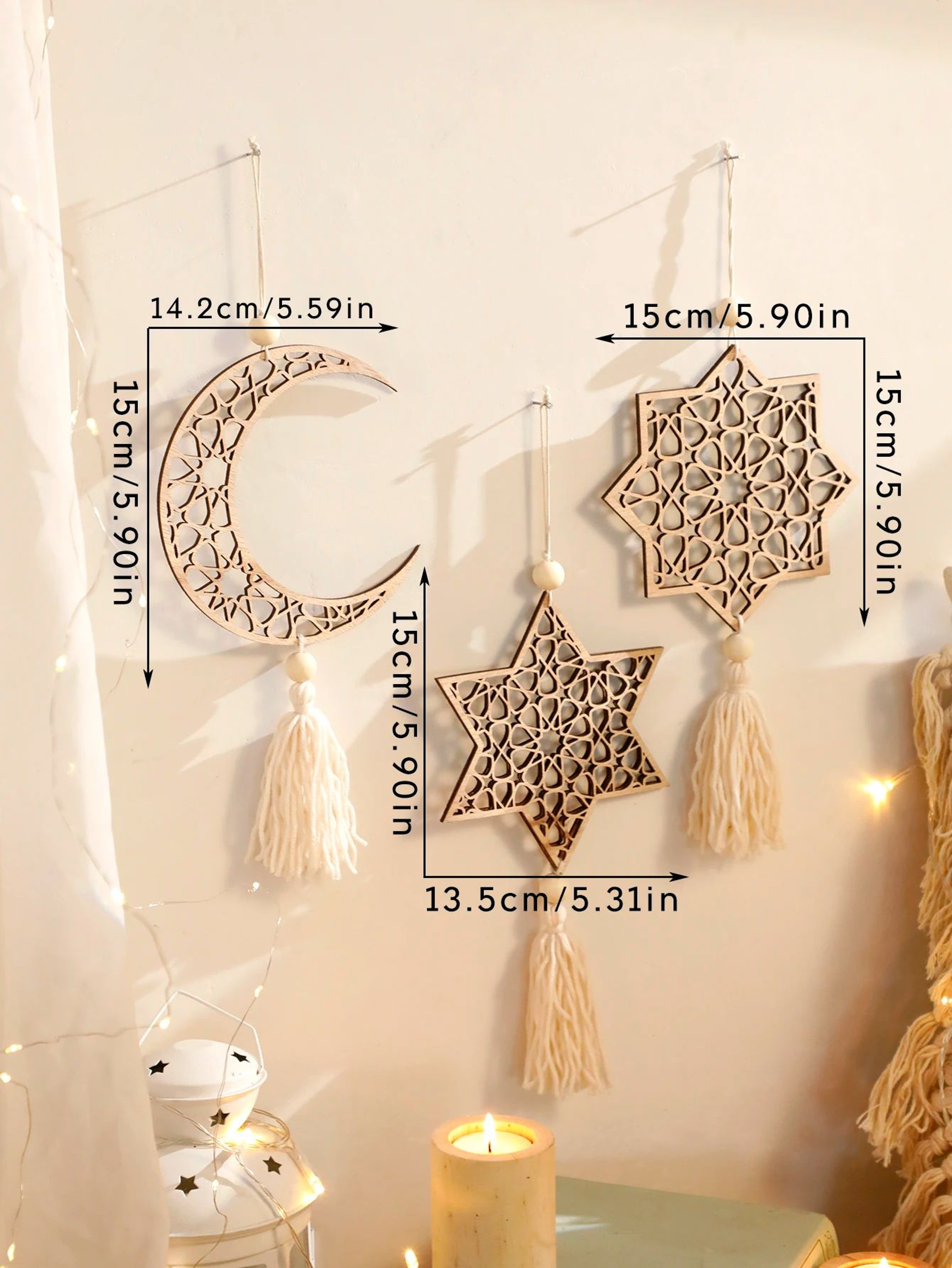 Wooden Ramadan Wall Decor With Tassels For Eid Mubarak Celebrations 8