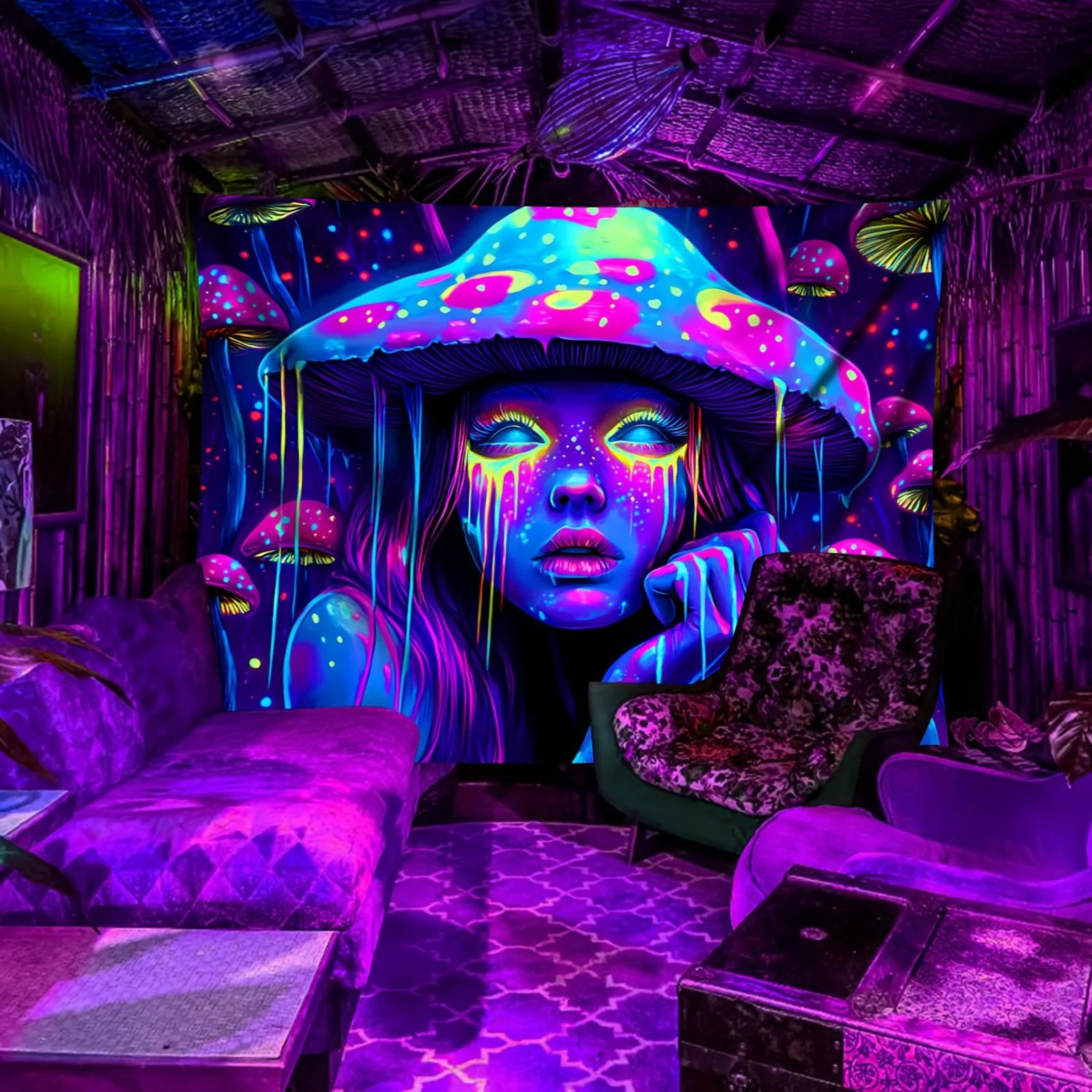Mystic Mushroom Girl Blacklight Reactive Tapestry Wall Hanging For Bedroom Dorm And Gaming Room 3
