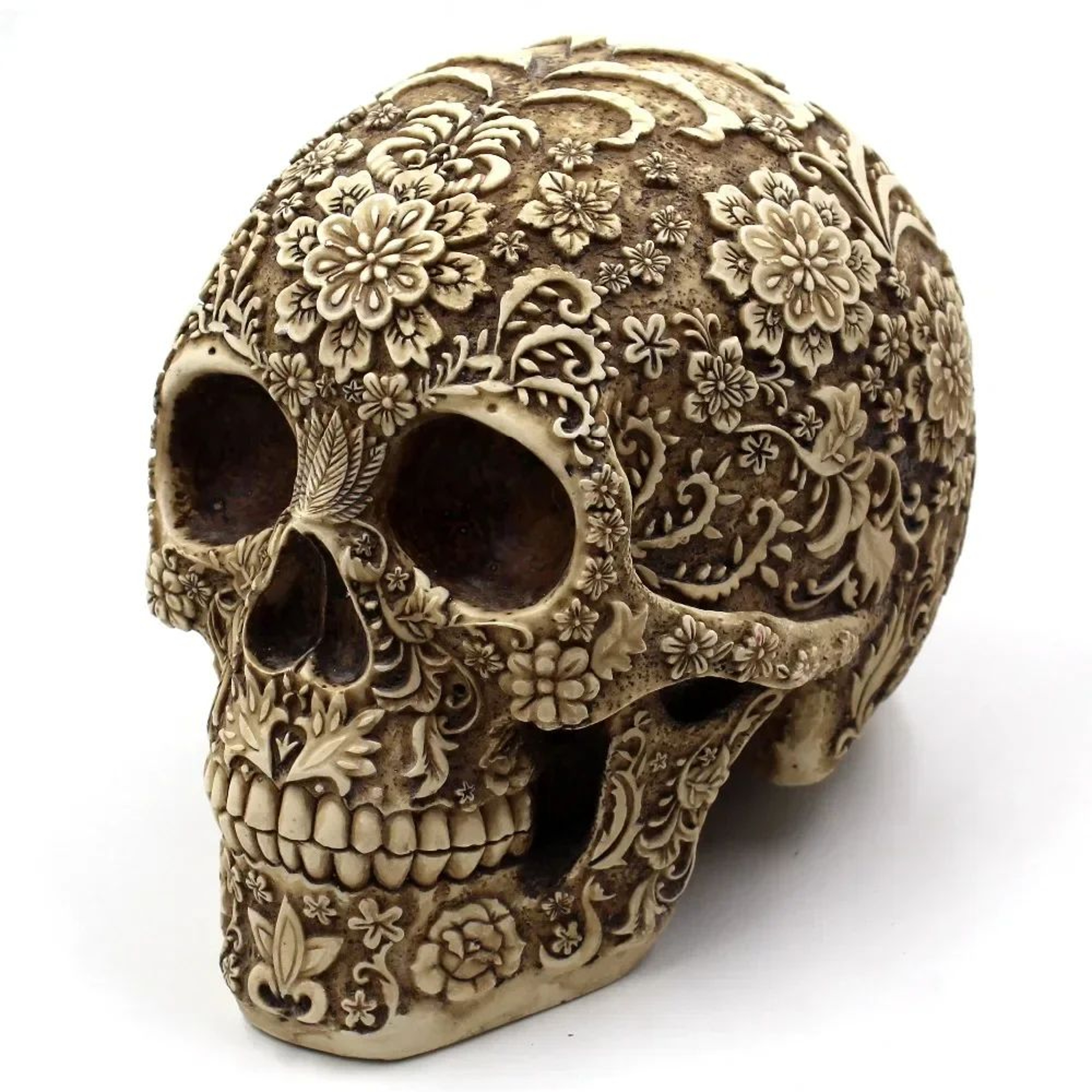 Elegant Resin Skull Sculpture With Plum Blossom Art  Gothic Home Decor Accent 0