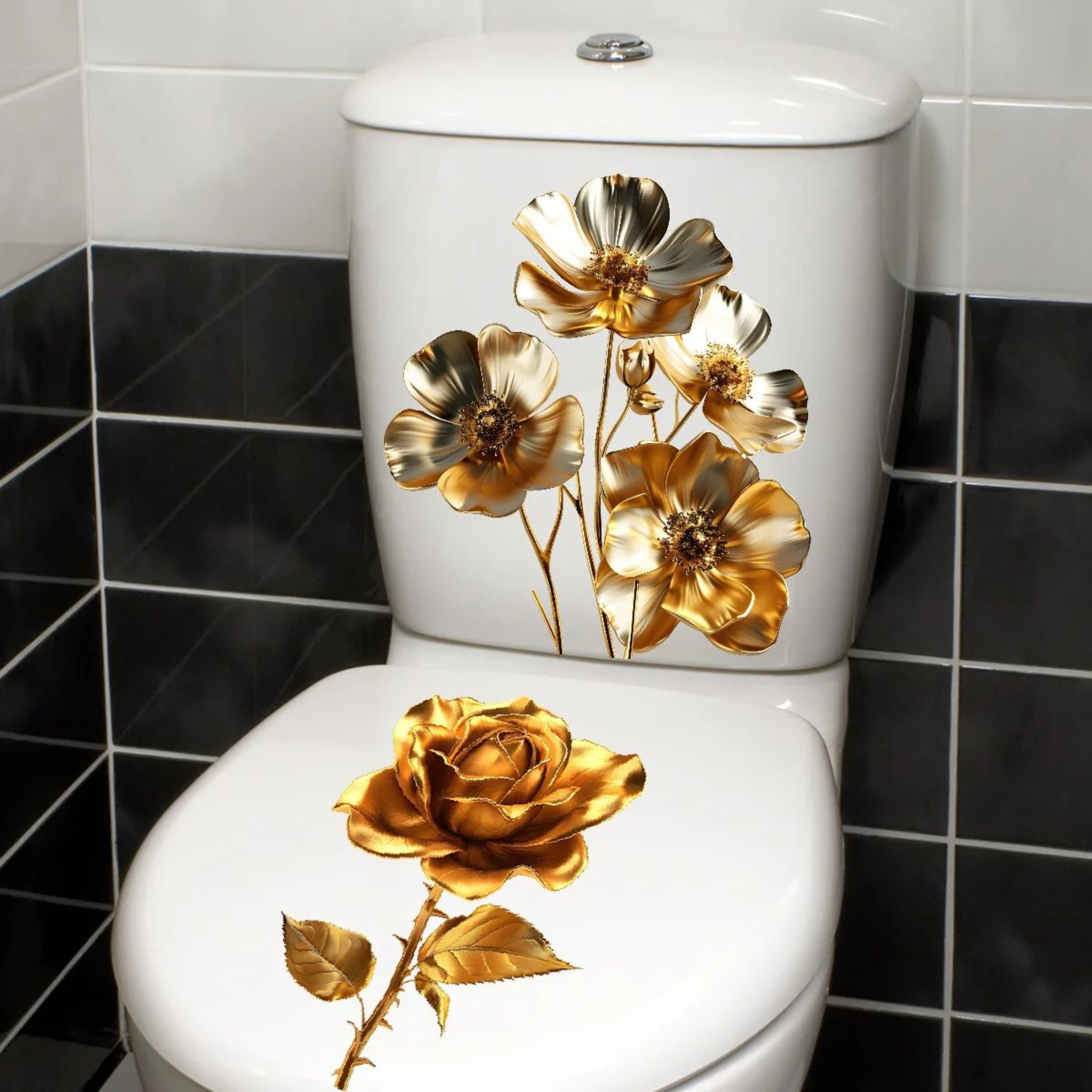 Golden Floral Toilet Seat Sticker Waterproof Selfadhesive Bathroom Toilet Decal 2pcs 6