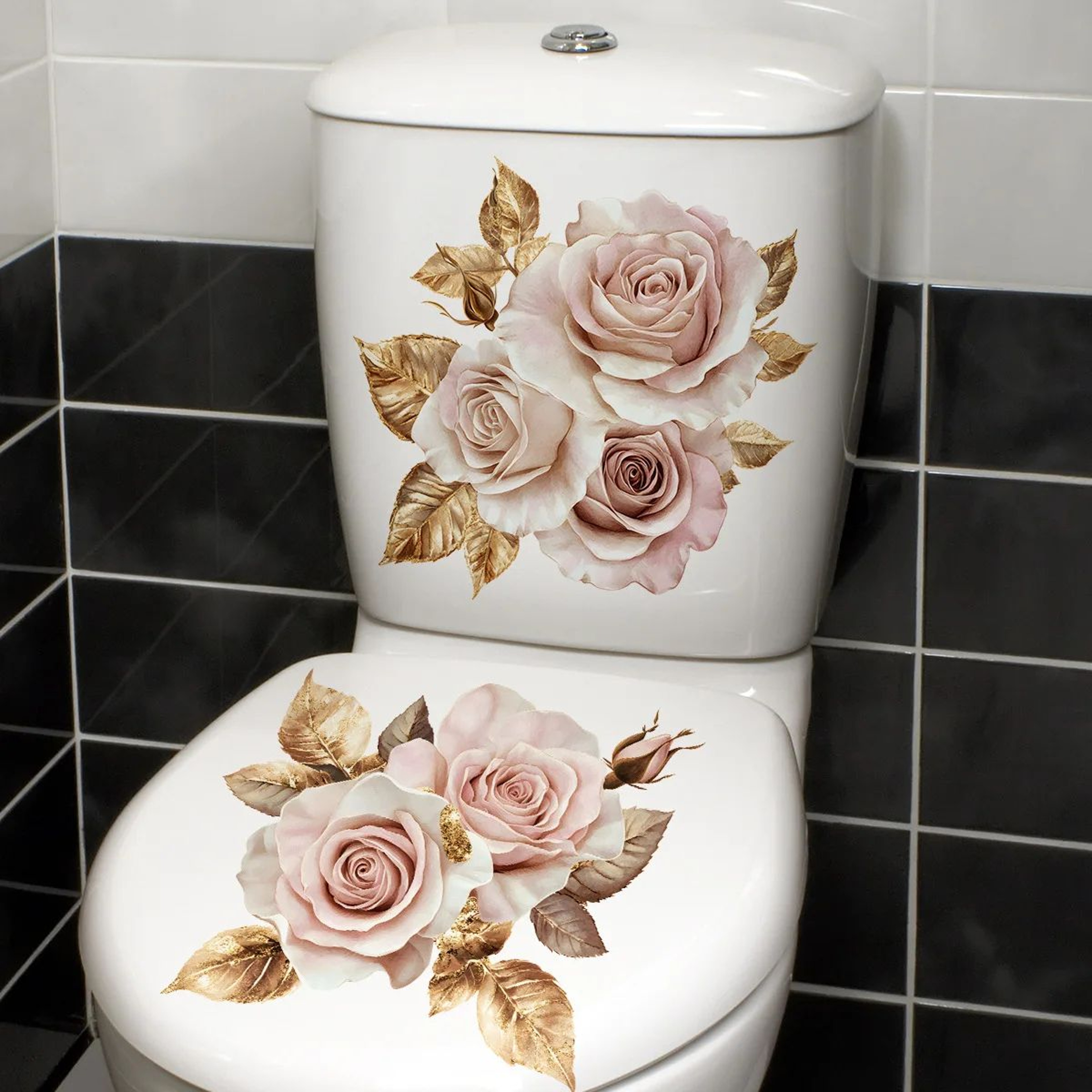 Golden Floral Toilet Seat Sticker Waterproof Selfadhesive Bathroom Toilet Decal 2pcs 12
