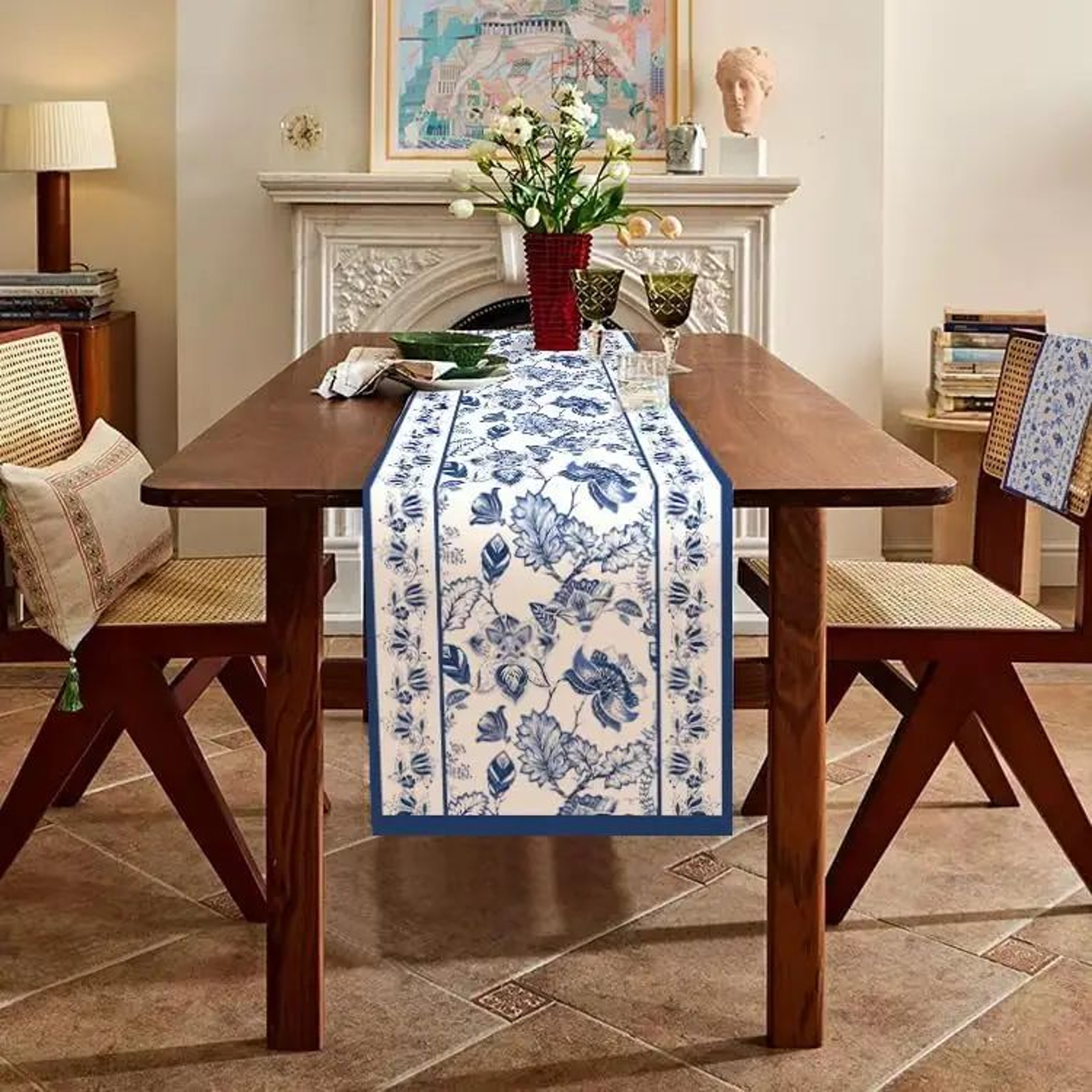 Blue Floral Linen Table Runner  Elegant Farmhouse Table Decor For Summer Dining  Celebrations 2