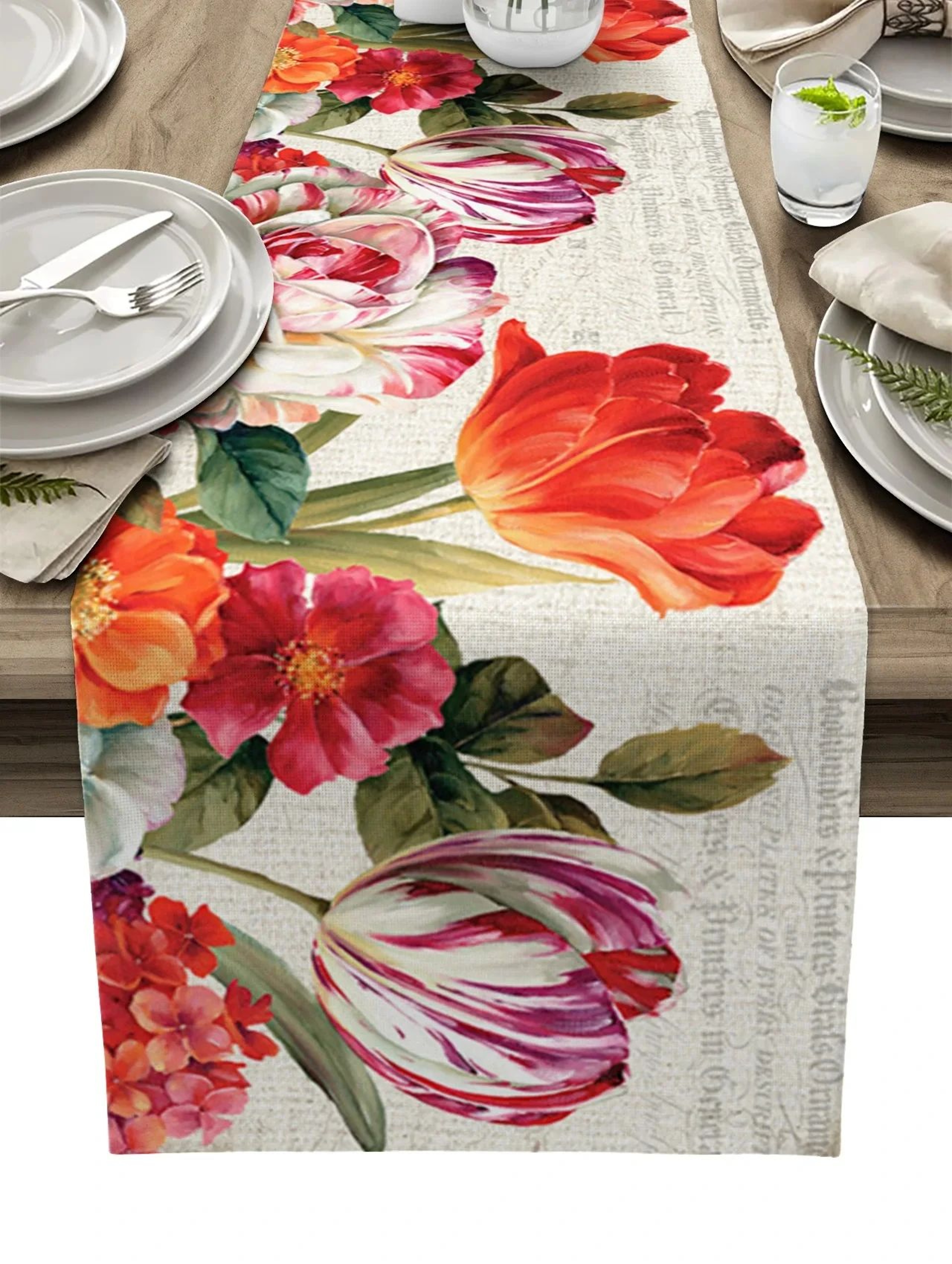 Vintage Tulip Floral Table Runner  Linen Farmhouse Table Decor For Elegant Dining 6