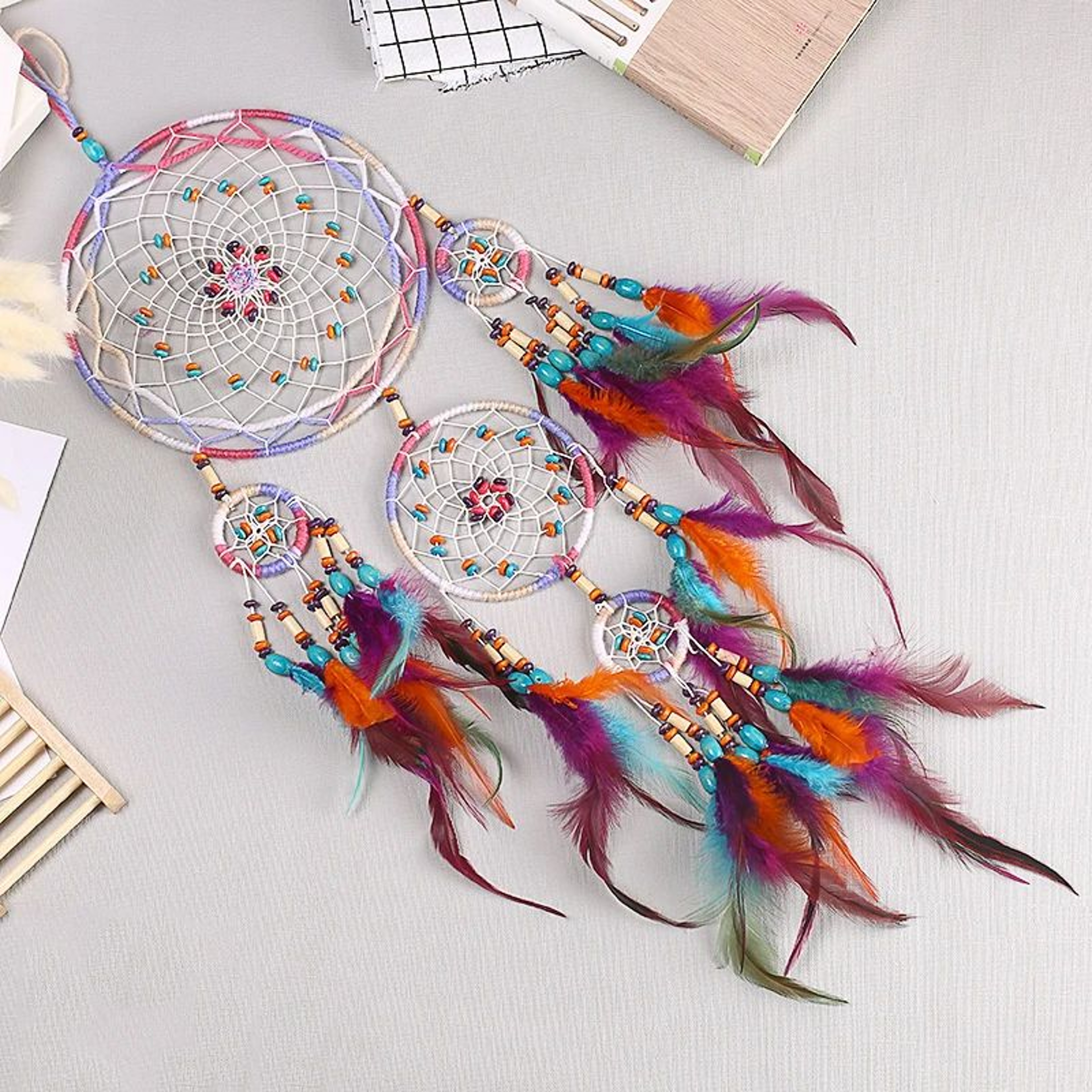 Handmade FiveRing Dream Catcher Wall Hanging For Boho Bedroom And Living Room Decor 5