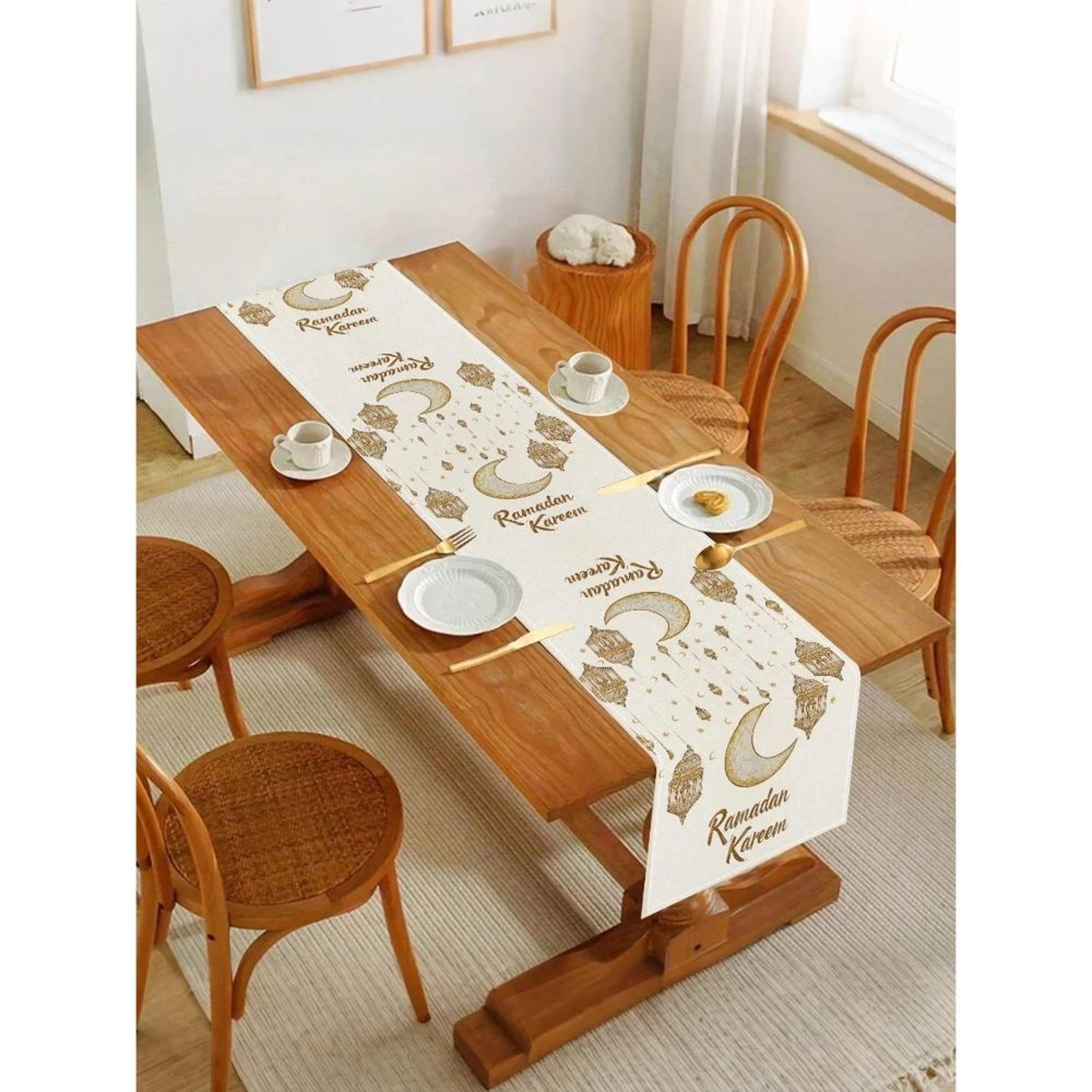 Elegant Ramadan Table Runner With Moon  Lantern Design  Premium Linen Eid Table Decor 1