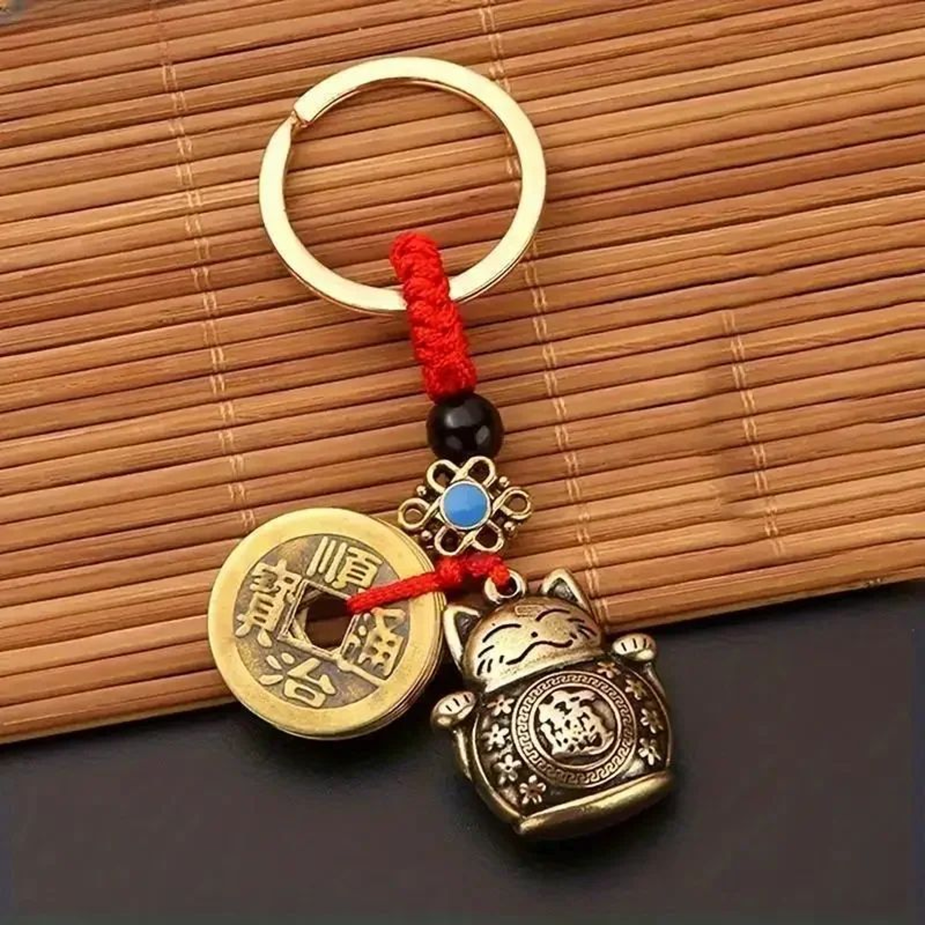 Vintage Lucky Cat Keychain With Five Emperors Coins Feng Shui Charm Decor 2
