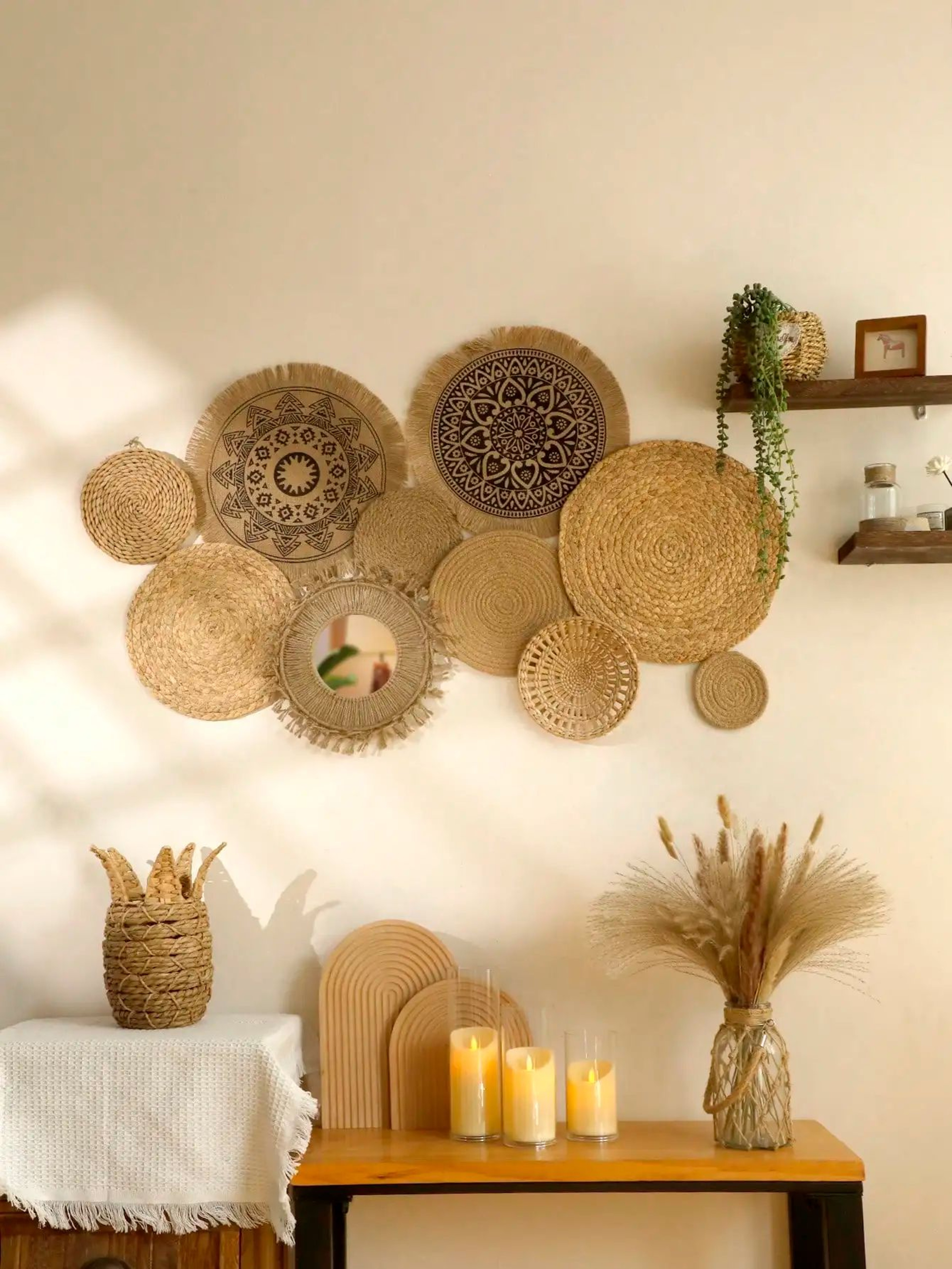 Boho Woven Seagrass Wall Basket Set  Rustic Hanging Farmhouse Decor 2