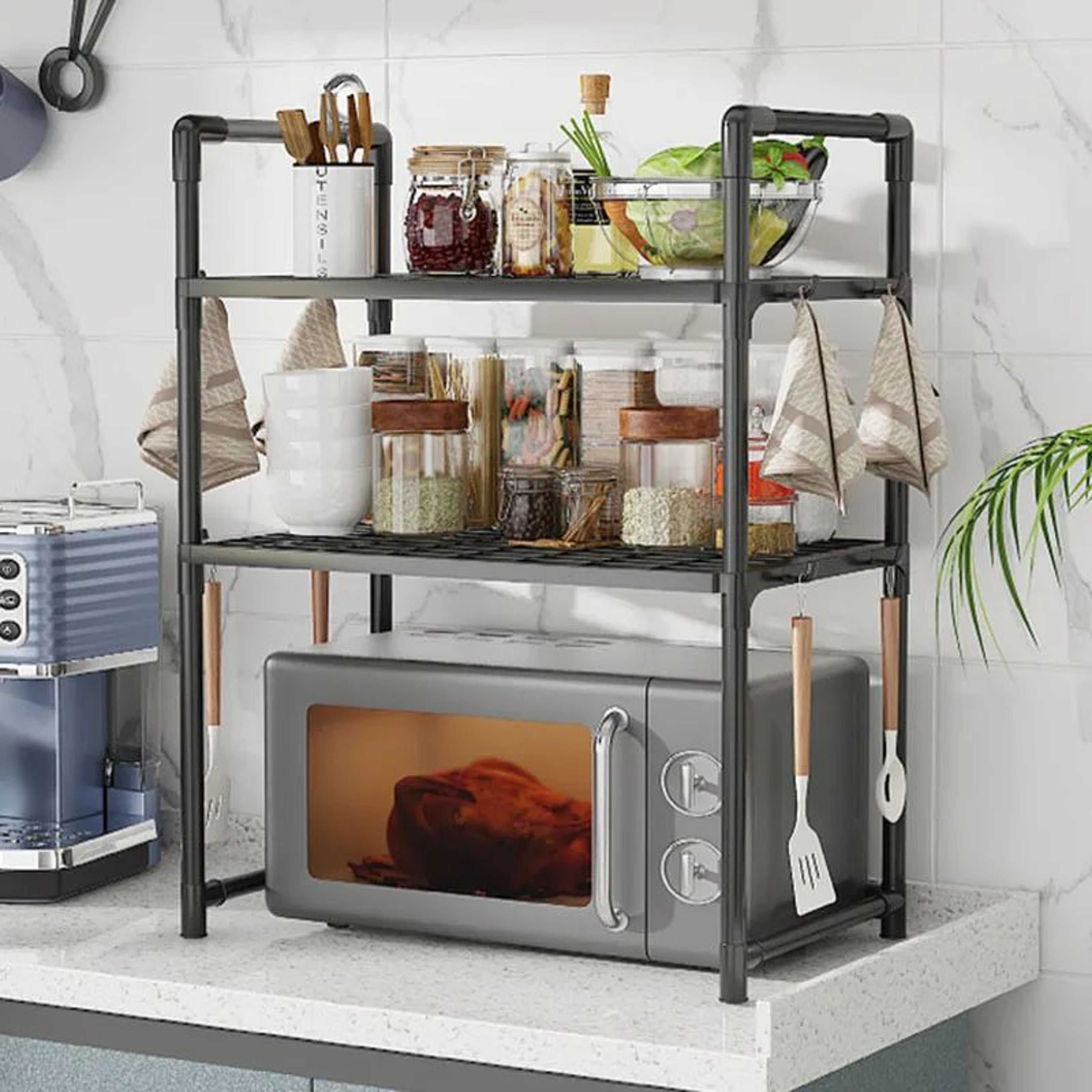 Adjustable Kitchen Storage Rack With Hooks  MultiTier Microwave Oven Rack  Countertop Organizer 2