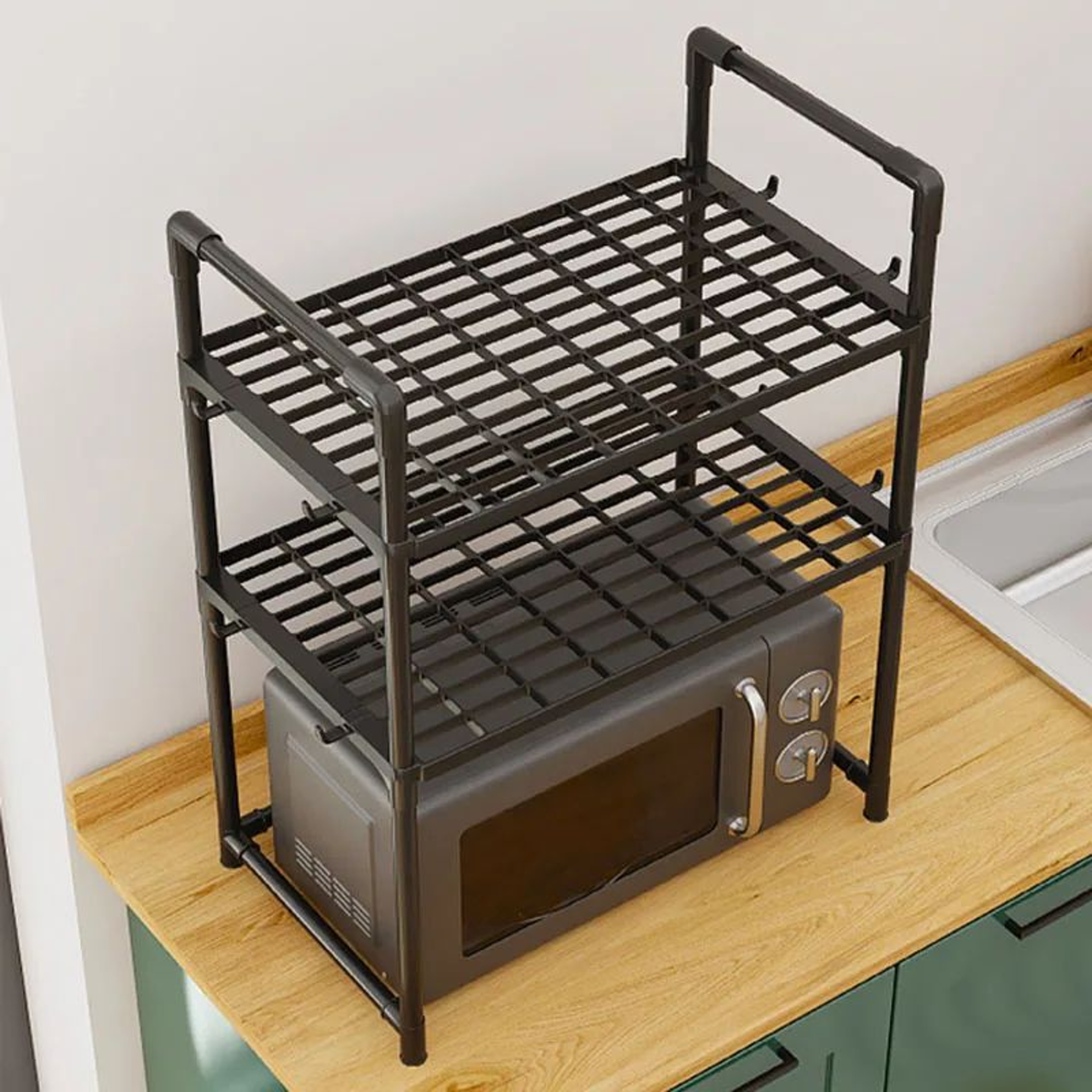 Adjustable Kitchen Storage Rack With Hooks  MultiTier Microwave Oven Rack  Countertop Organizer 4