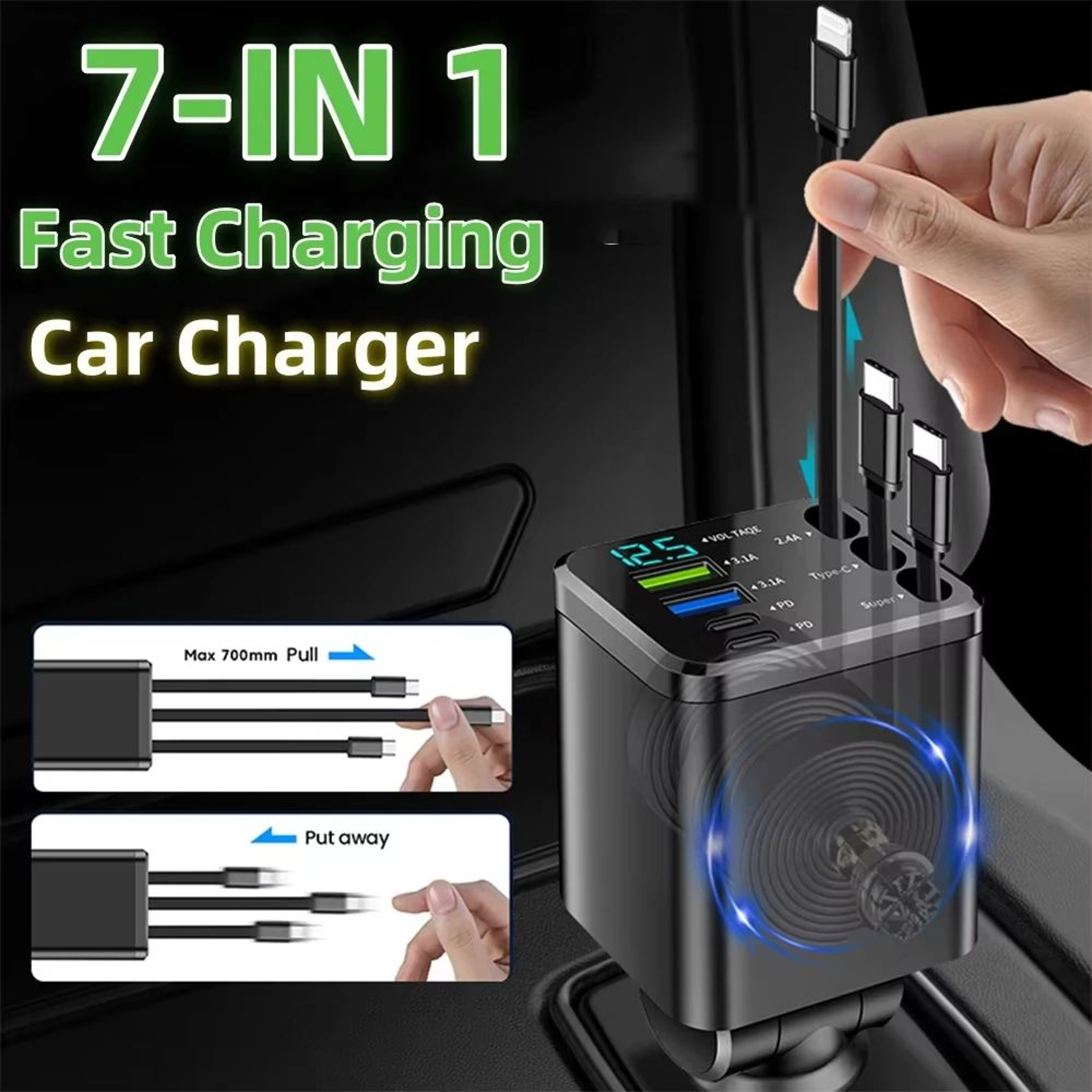 7in1 Retractable Car Fast Charger 120W Multi USB  USBC Charging Hub 0