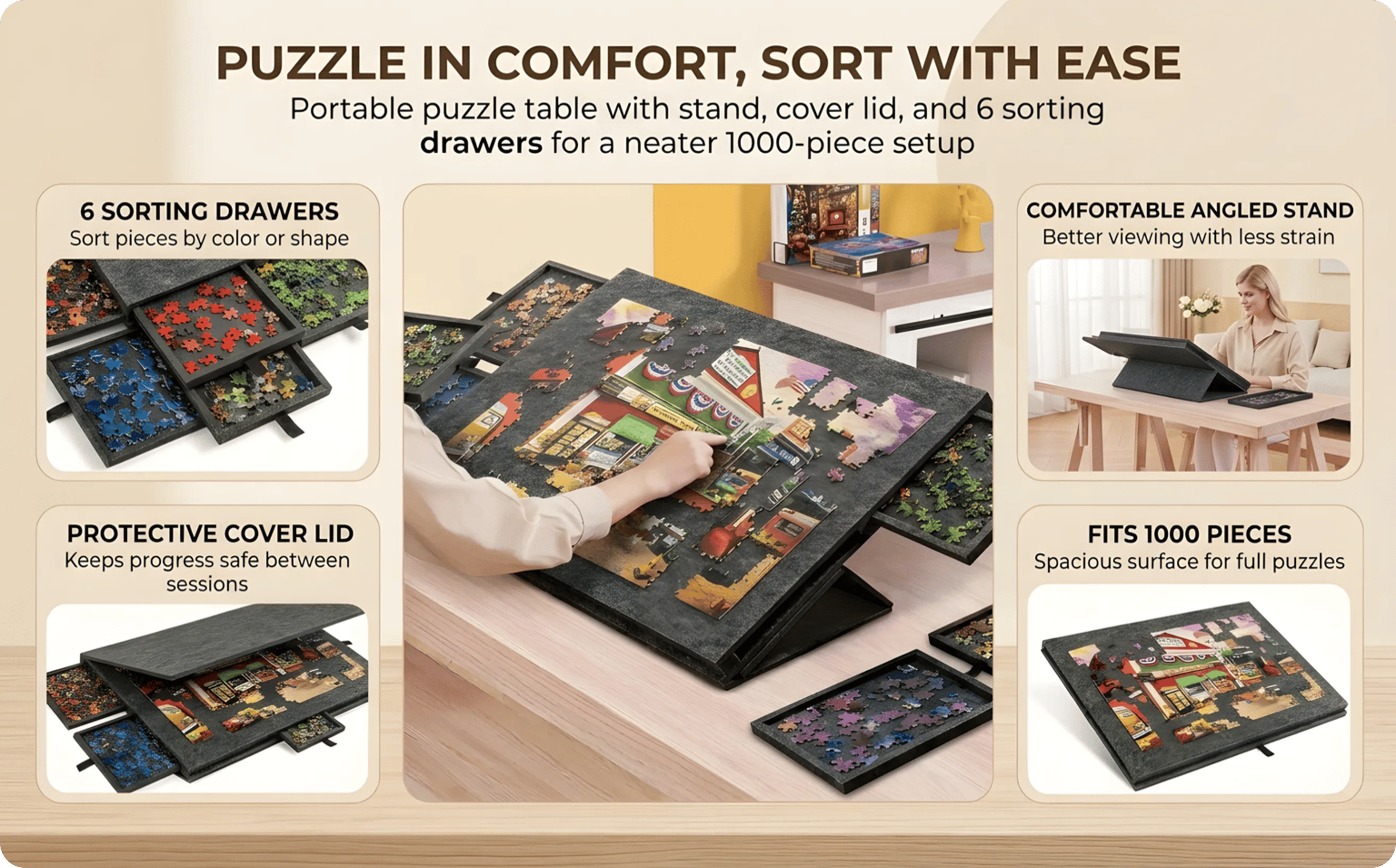6-in-1 Portable Puzzle Table with Stand, Cover Lid & 6 Sorting Drawers (Fits 1000 Pieces) – view 9