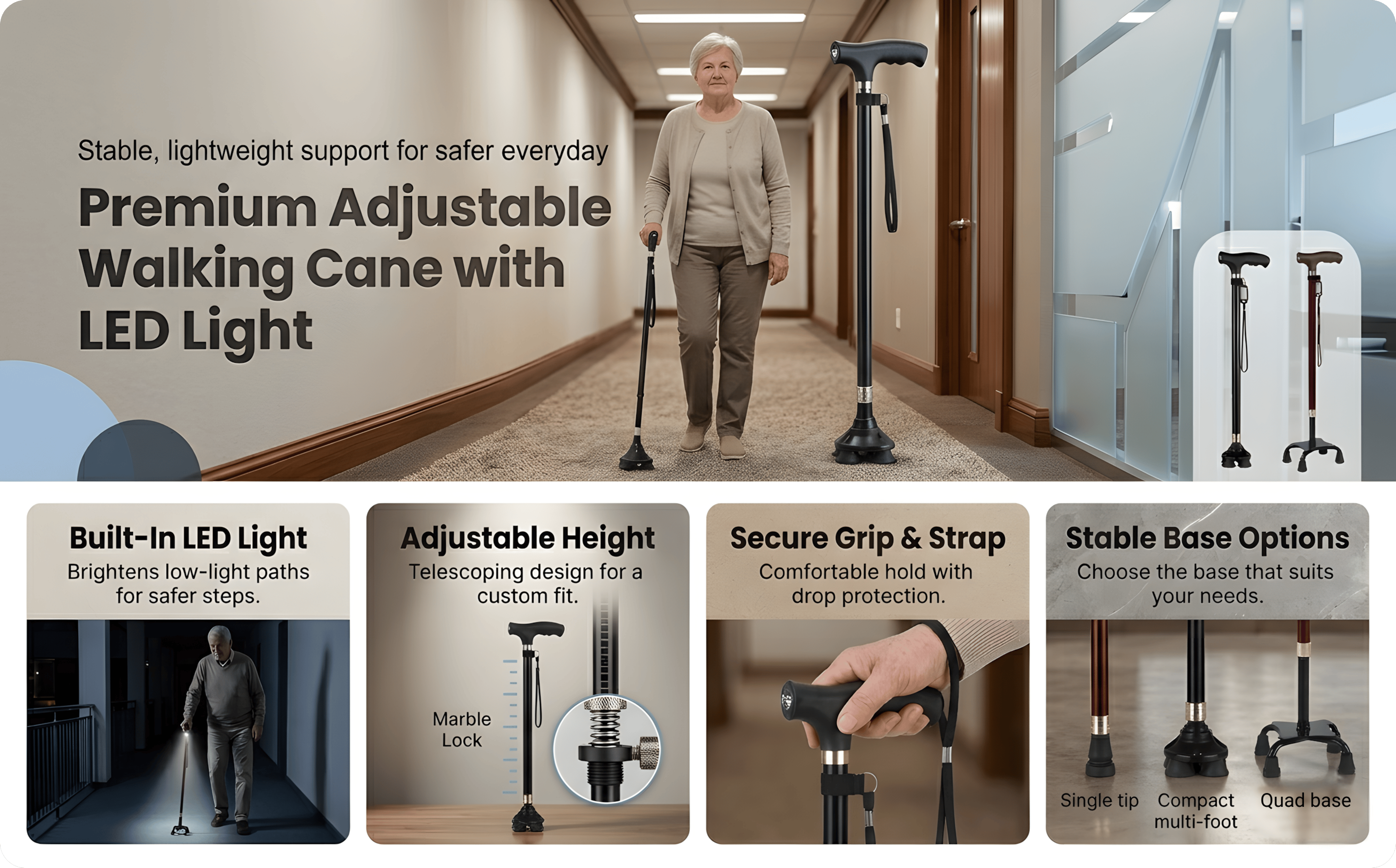 Premium Retractable Adjustable Walking Cane with LED Light for Seniors & Elders – view 17