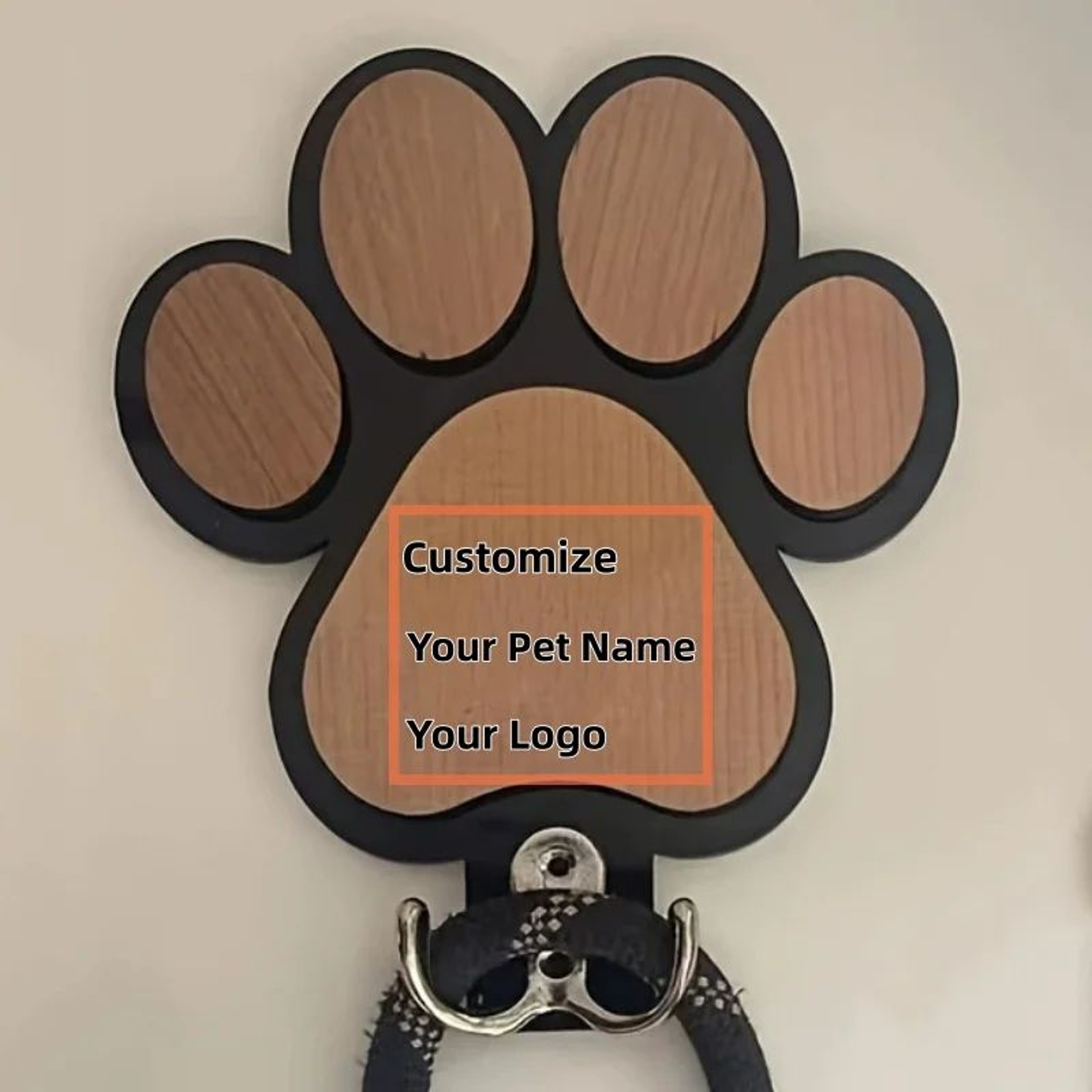 Personalized Dog Leash Holder Wooden Paw Print Wall Hook 1