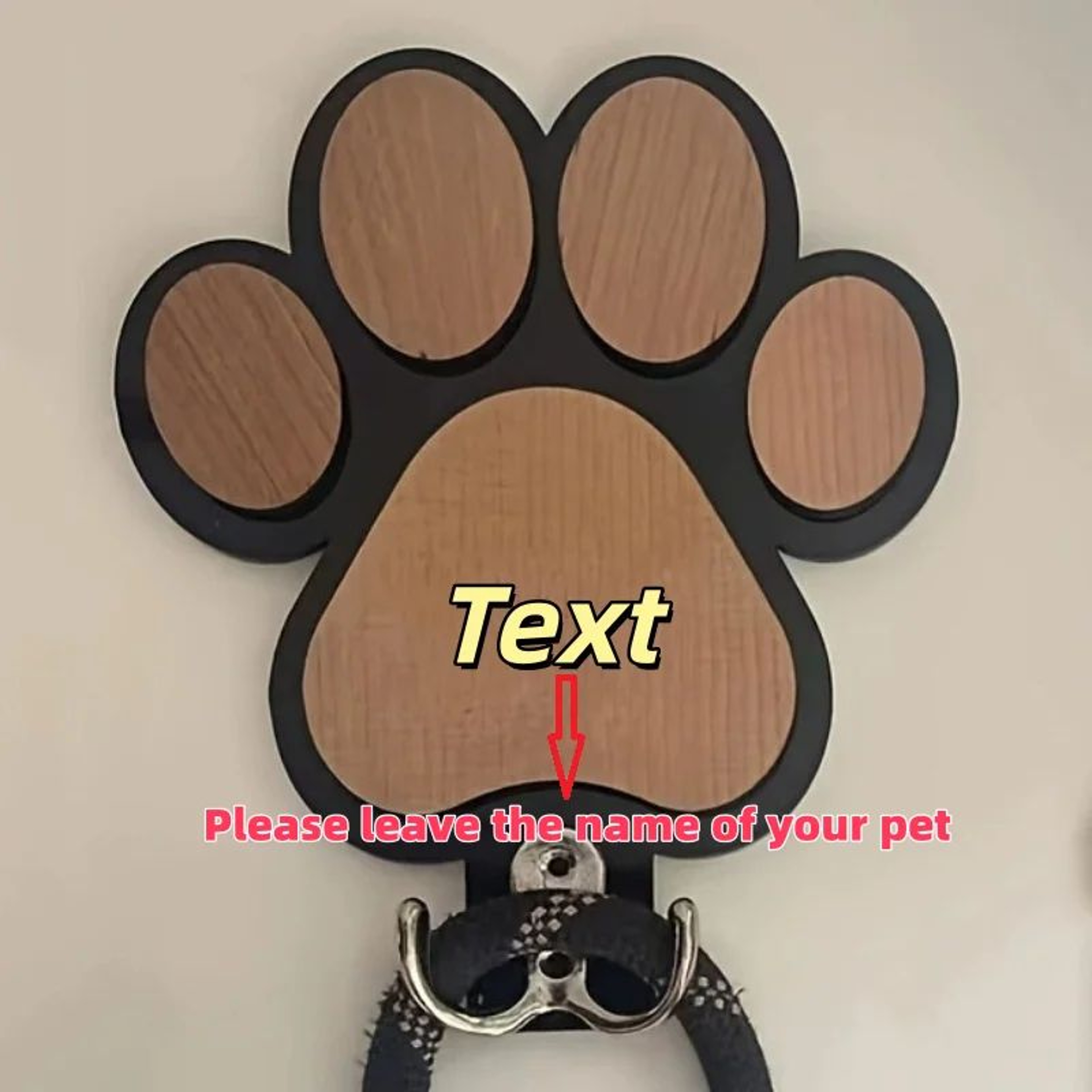Personalized Dog Leash Holder Wooden Paw Print Wall Hook 4