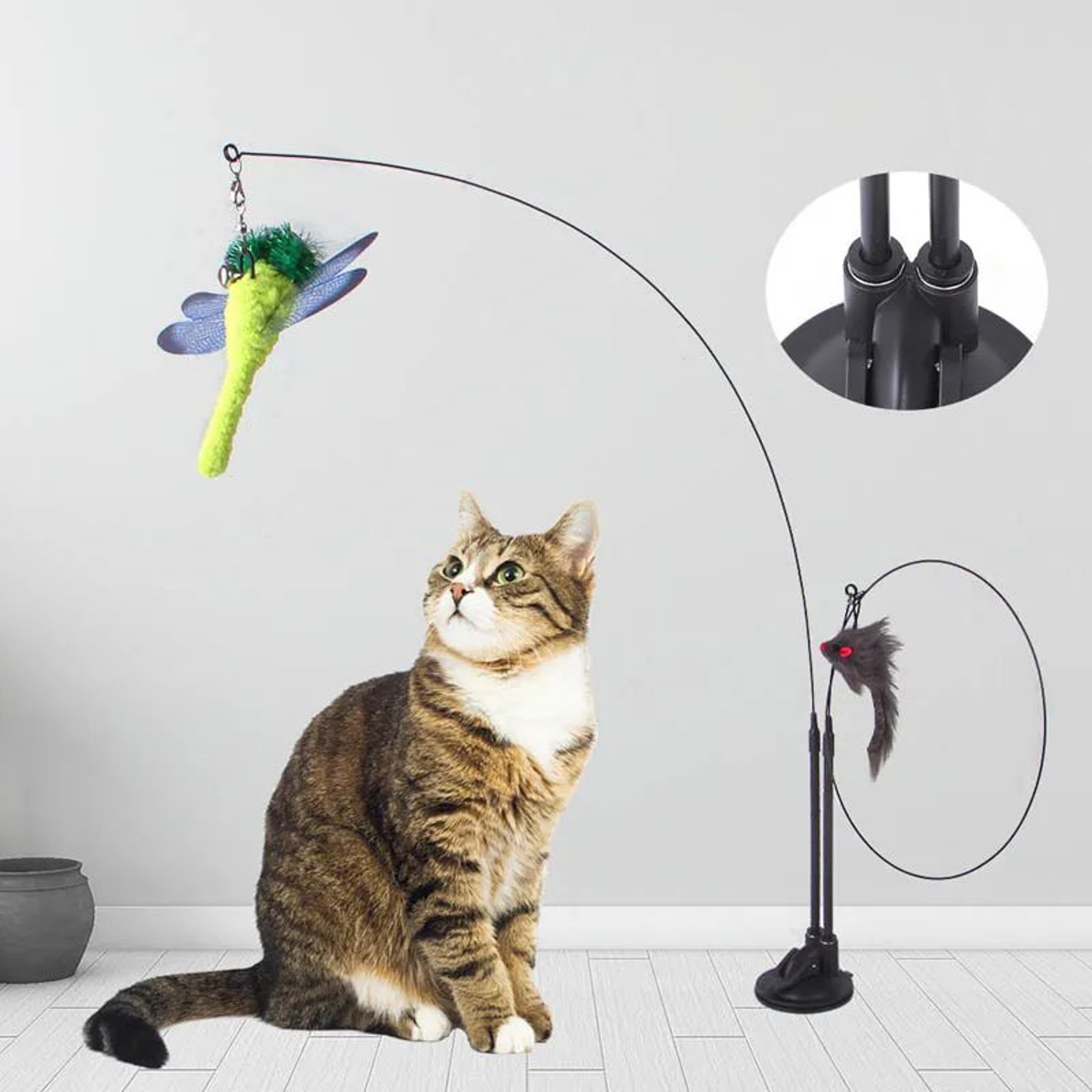 PurrPlay Suction Cup Cat Wand Toy With Feather Mouse Teaser  Bell 0