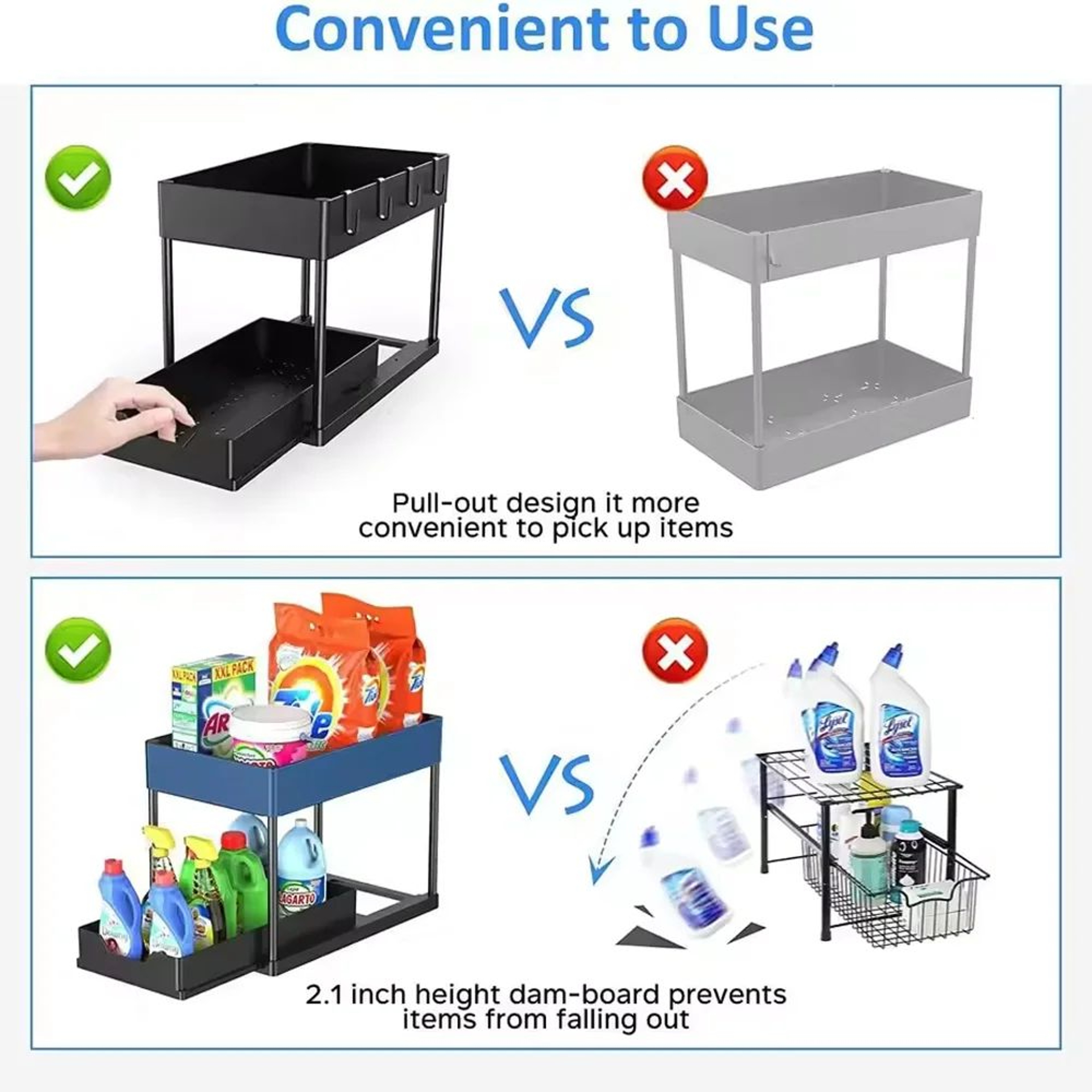 2Tier Sliding Under Sink Organizer Rack With Hooks  Storage Cup 0