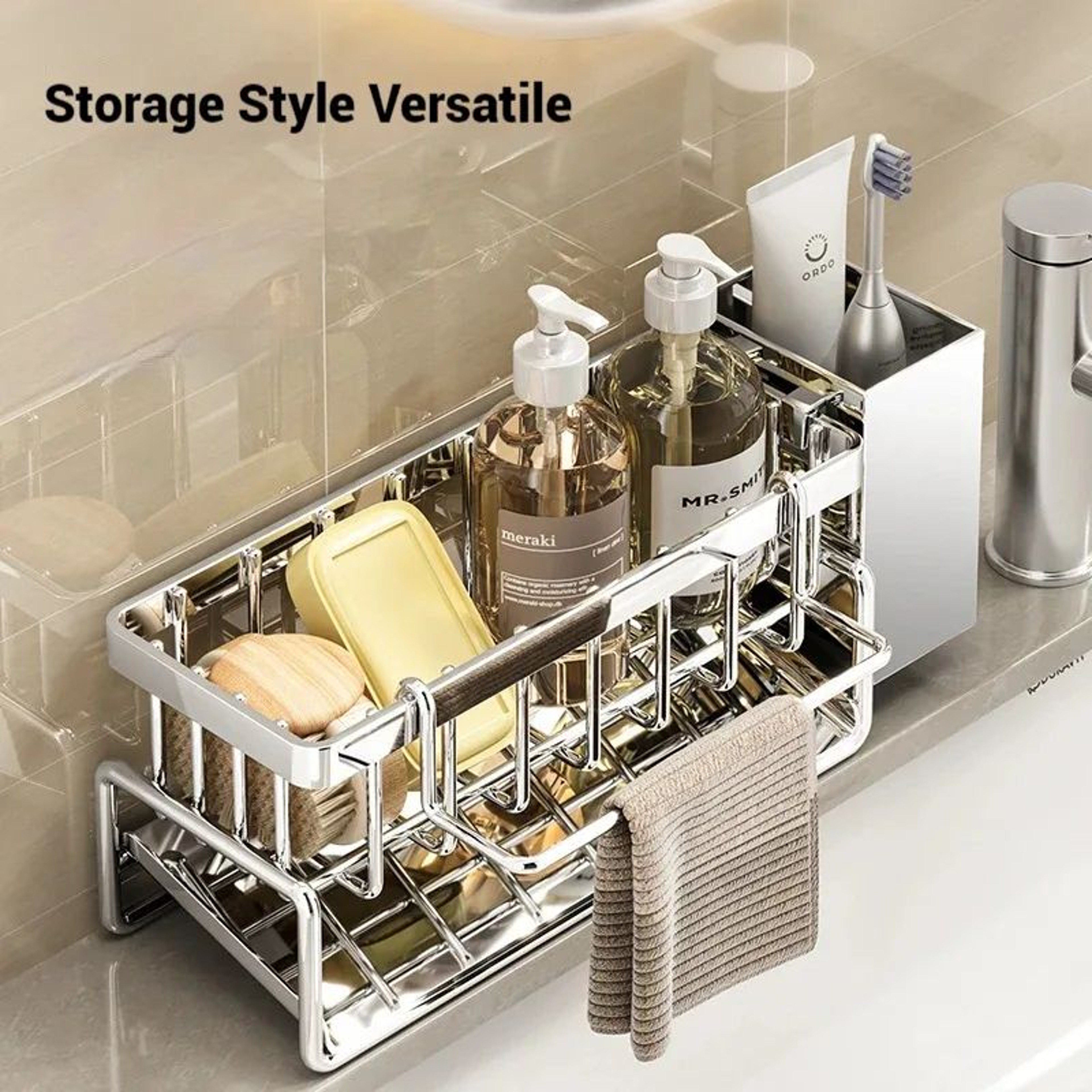 DrainFlow Stainless Steel Sink Organizer Caddy With Sponge Holder Soap Drainer  Towel Rack 5