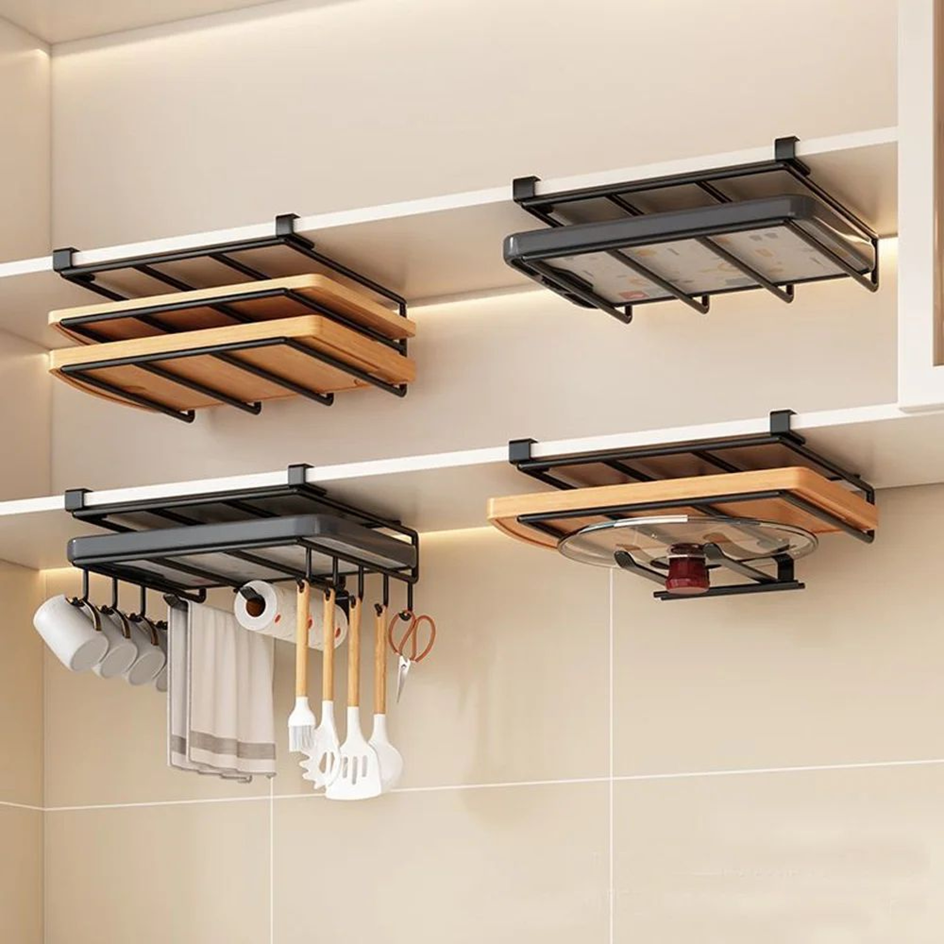 SpaceSaving Under Cabinet Organizer Rack With Hooks  Paper Towel Holder 4