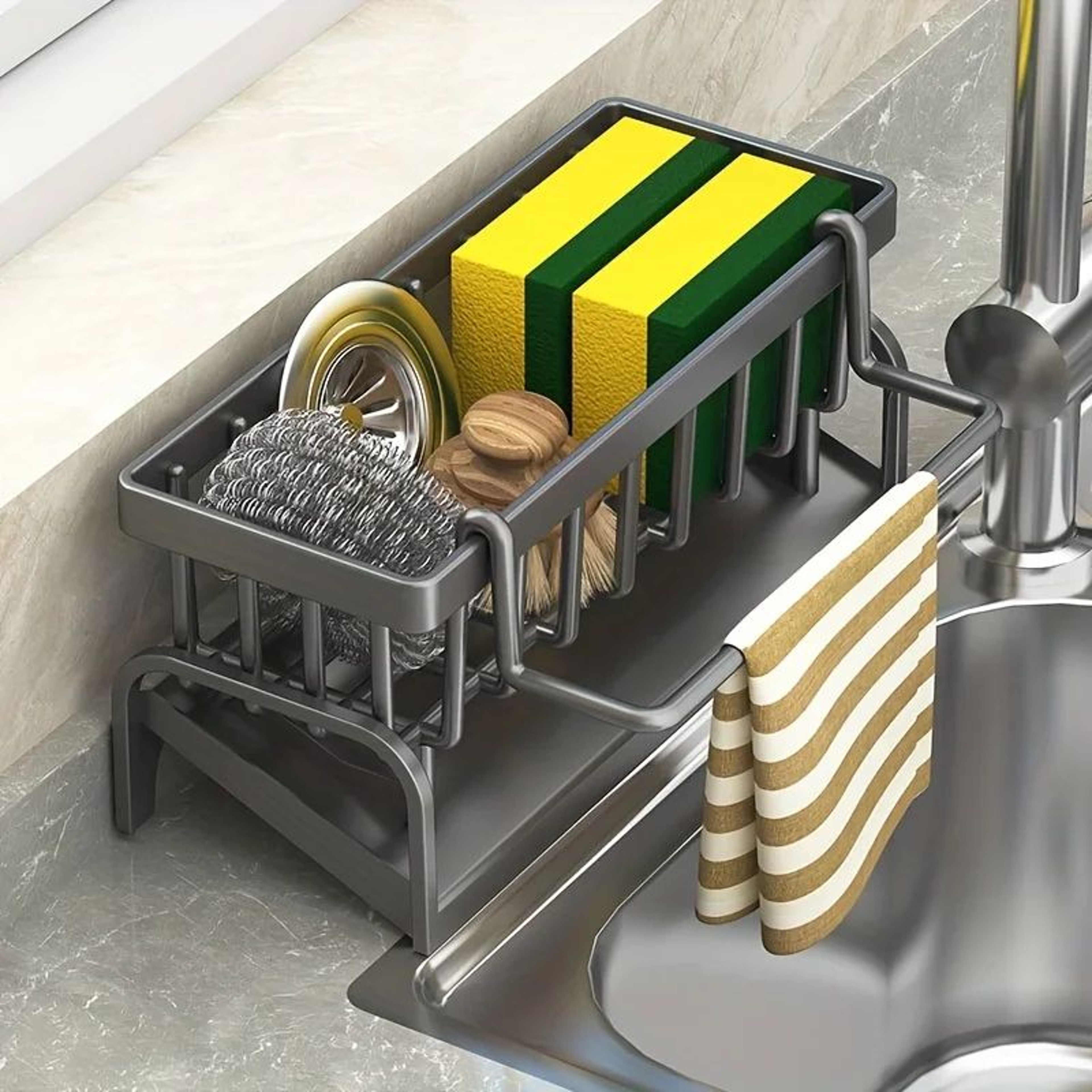 FaucetMounted Kitchen Sink Organizer Caddy With Sponge Brush  Detergent Holder 0