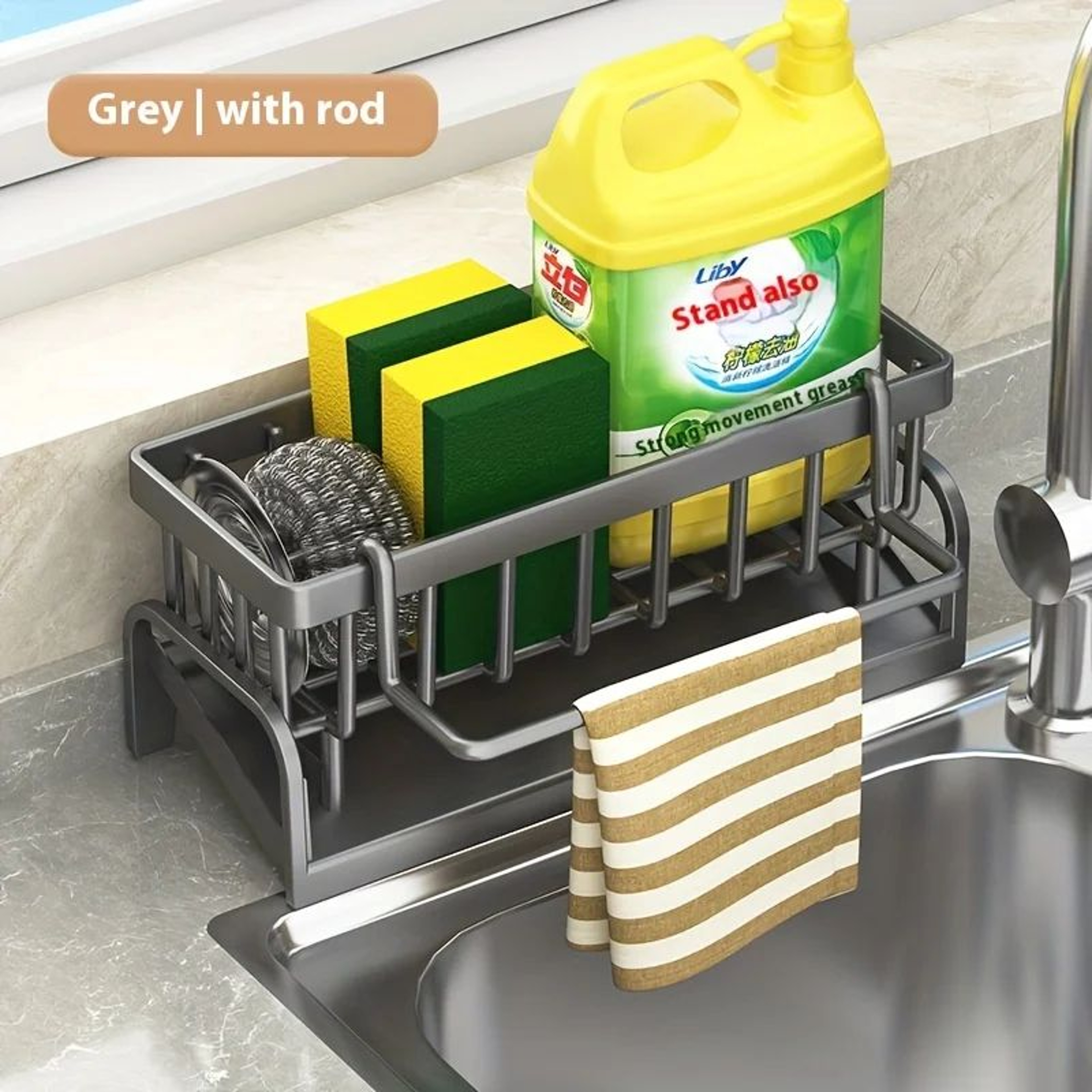 FaucetMounted Kitchen Sink Organizer Caddy With Sponge Brush  Detergent Holder 7