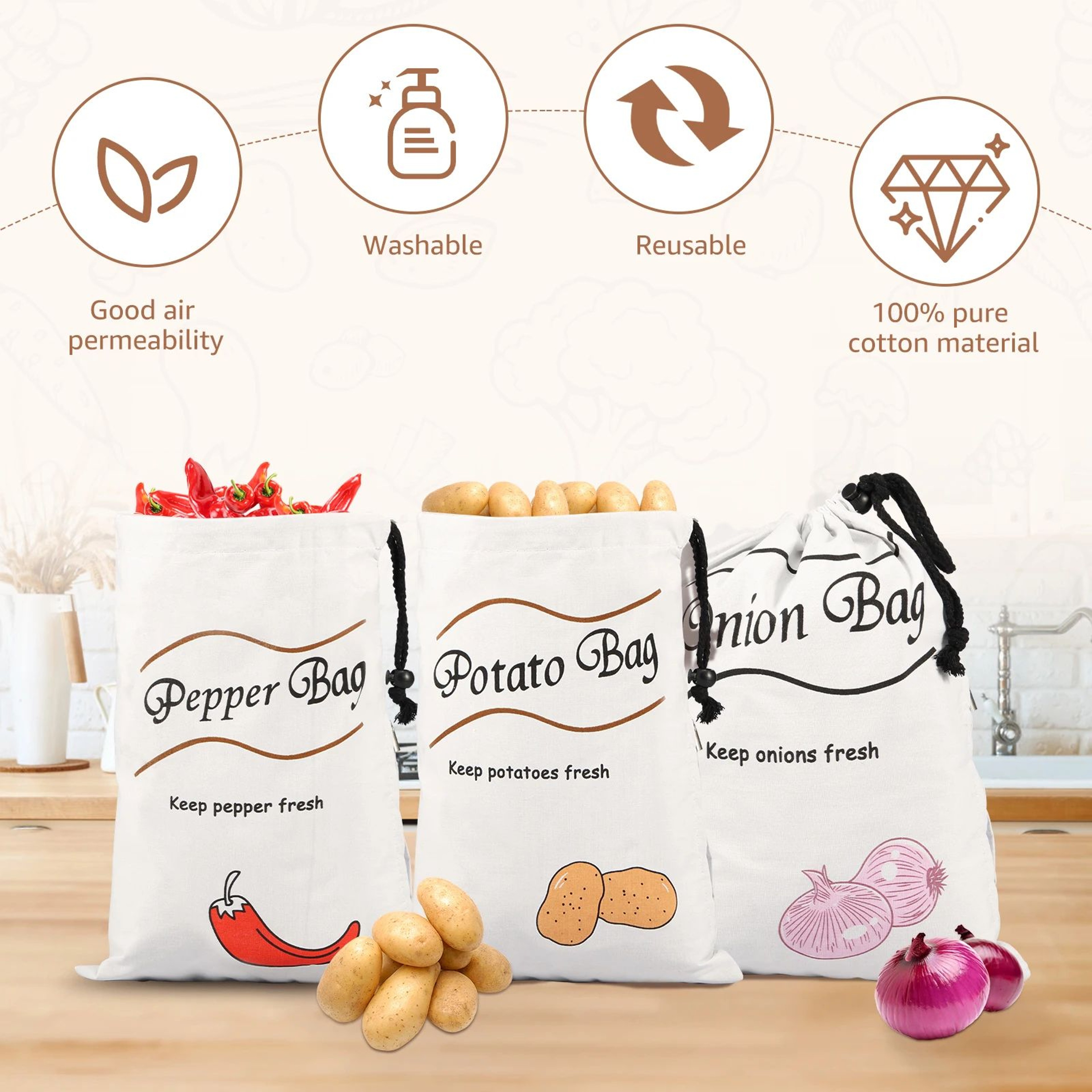 FreshKeep Potato And Onion Storage Bags Reusable Vegetable Storage Bags Set 0