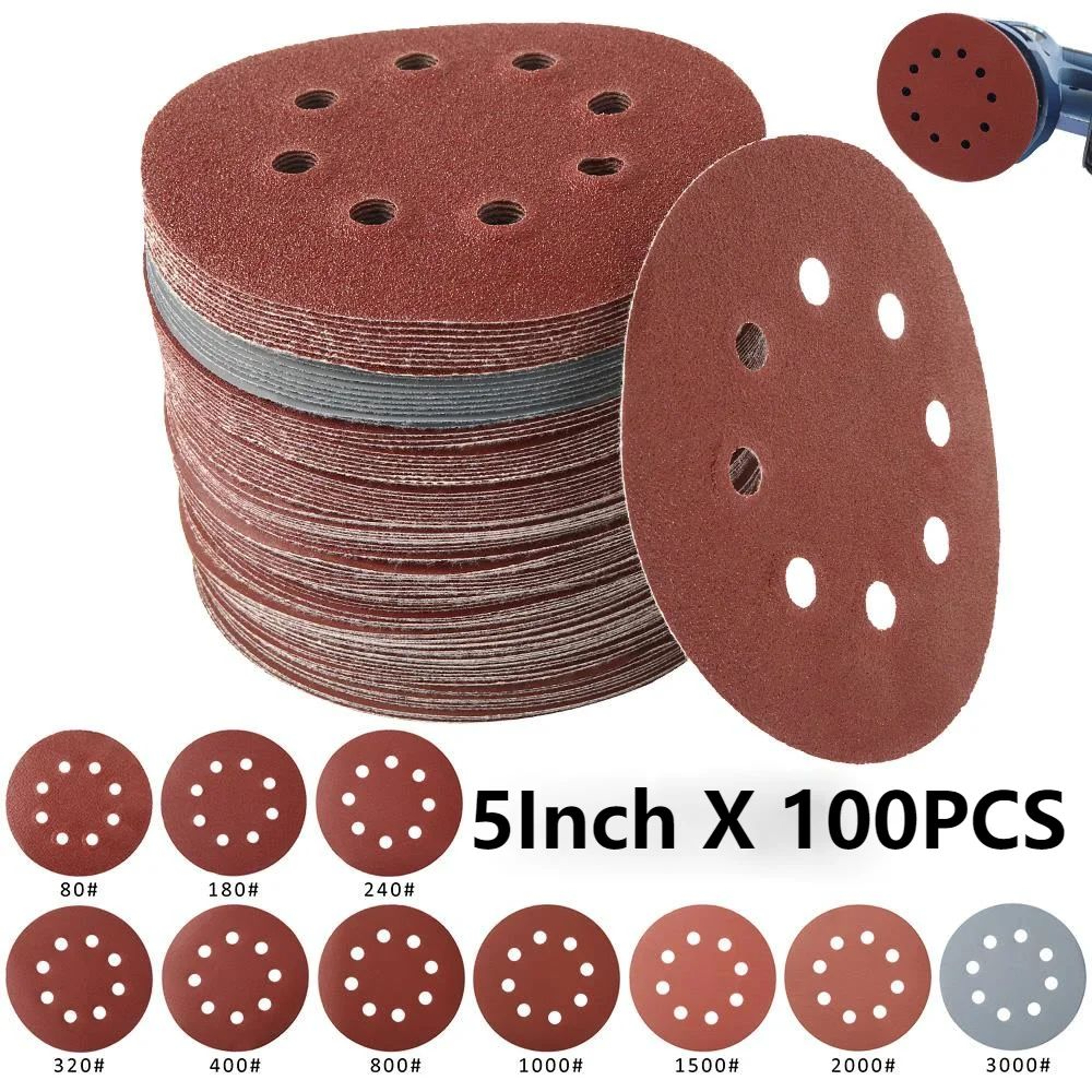 125mm Hook And Loop Sanding Discs 100 Piece 8 Hole Sanding Discs Set For Orbital Sanders 0