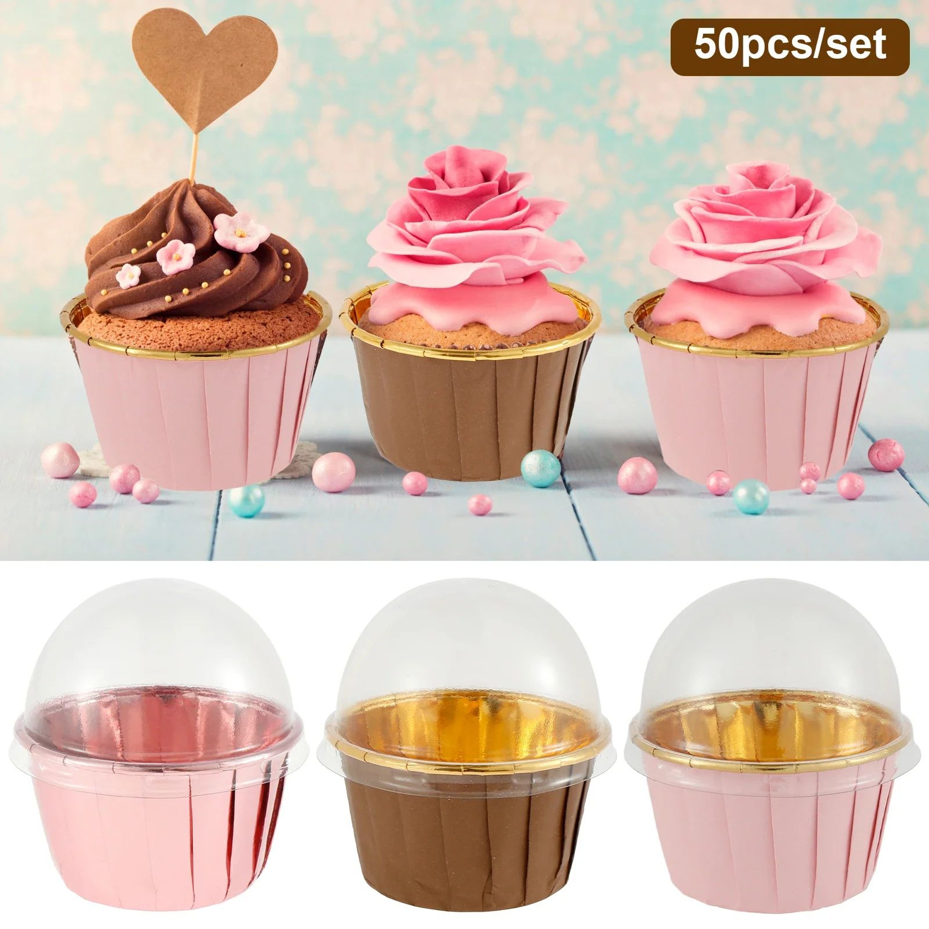50 Pack Foil Cupcake Liners With Lids 55 Oz Aluminum Baking Cups For Cupcakes Muffins And Desserts 1