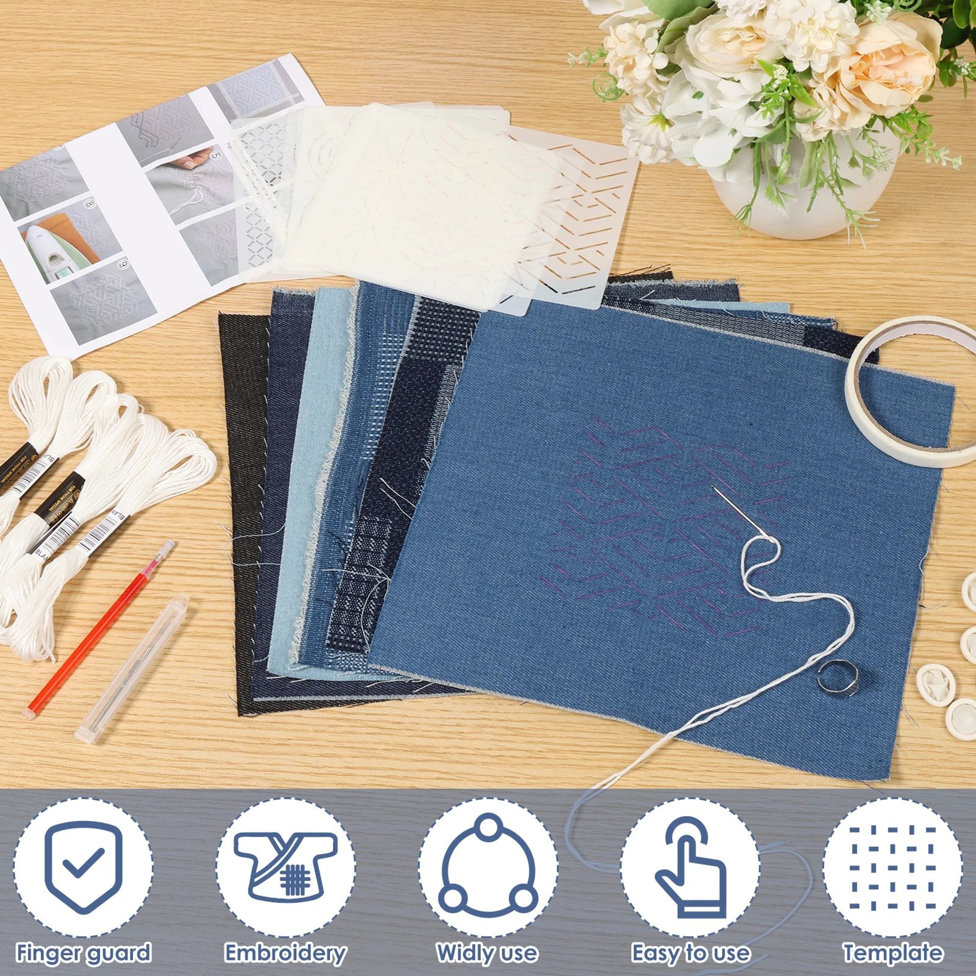 Complete Sashiko Kit With Sashiko Stencils Thread Needles Thimble And Fabric For Hand Embroidery 1