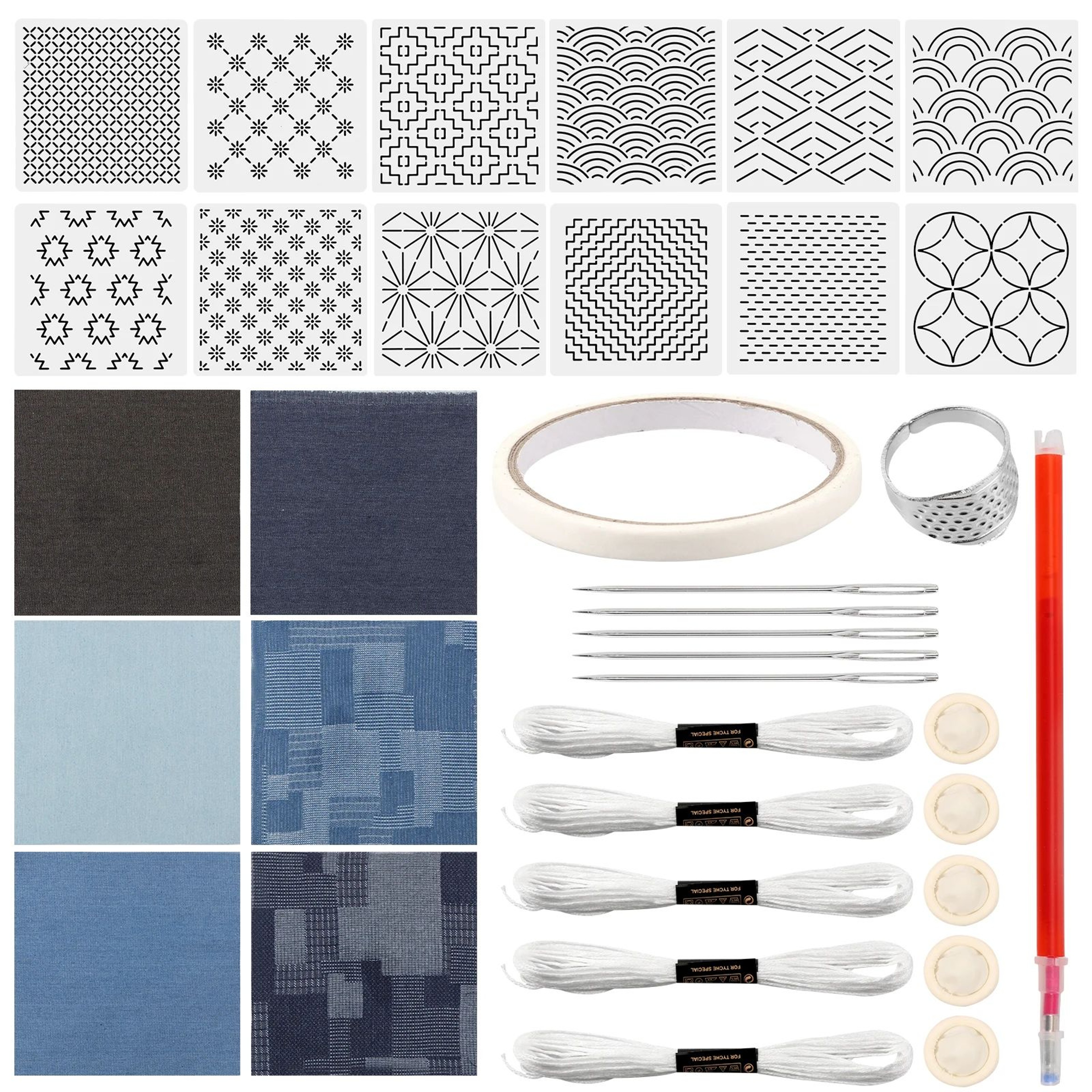Complete Sashiko Kit With Sashiko Stencils Thread Needles Thimble And Fabric For Hand Embroidery 6