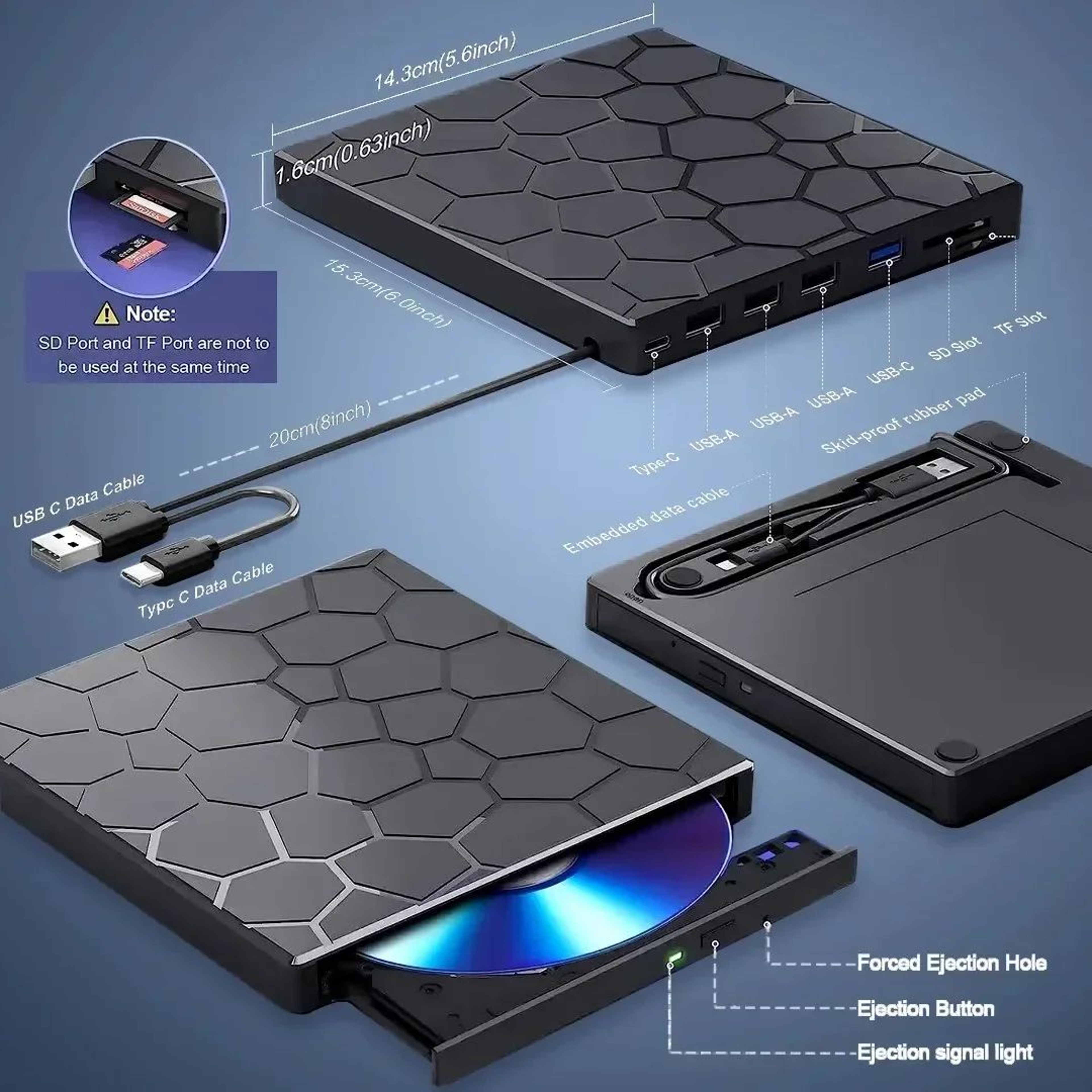 Portable 7 In 1 External DVD Drive USB 30 Type C CD DVD Burner For Windows Mac Linux 4