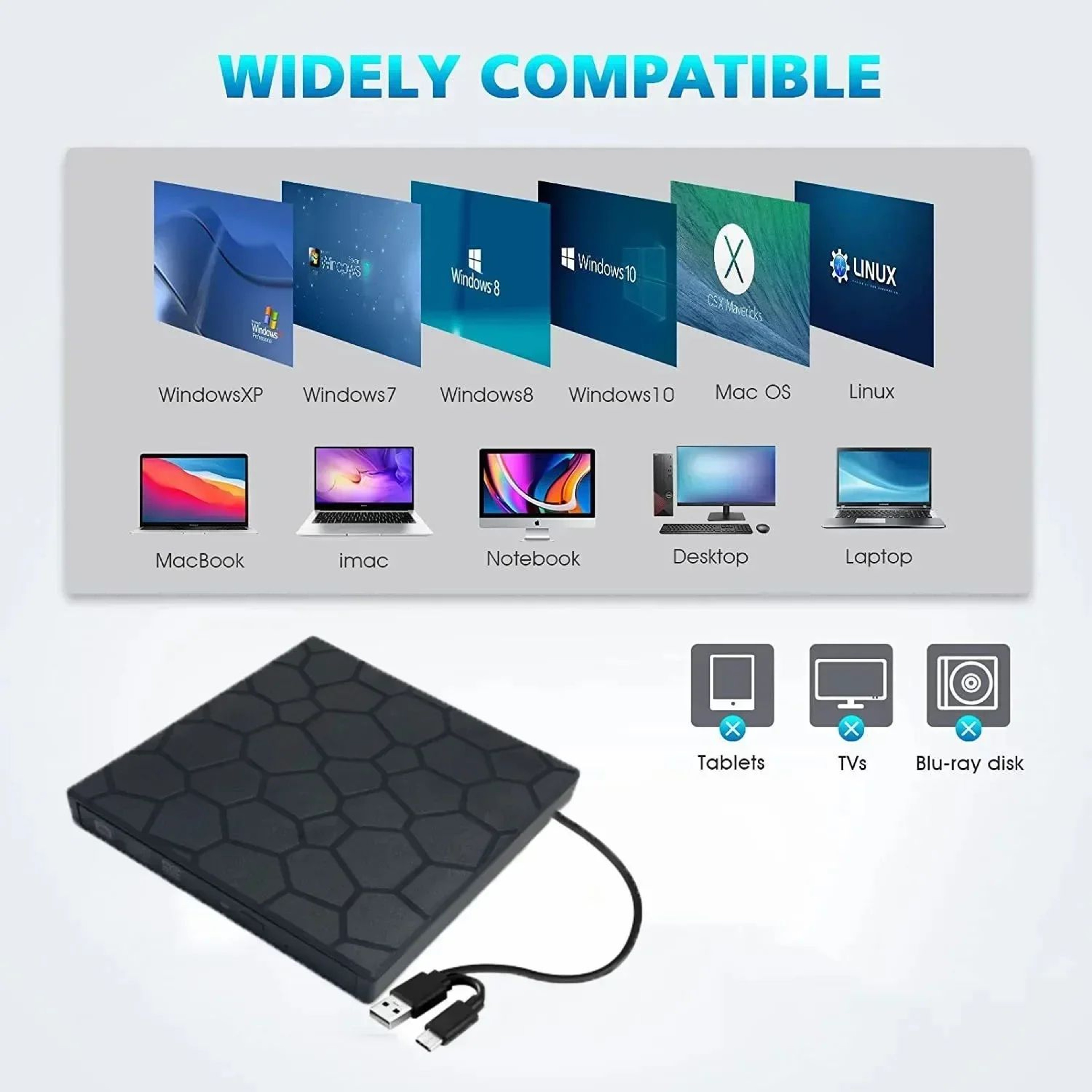 Portable 7 In 1 External DVD Drive USB 30 Type C CD DVD Burner For Windows Mac Linux 5