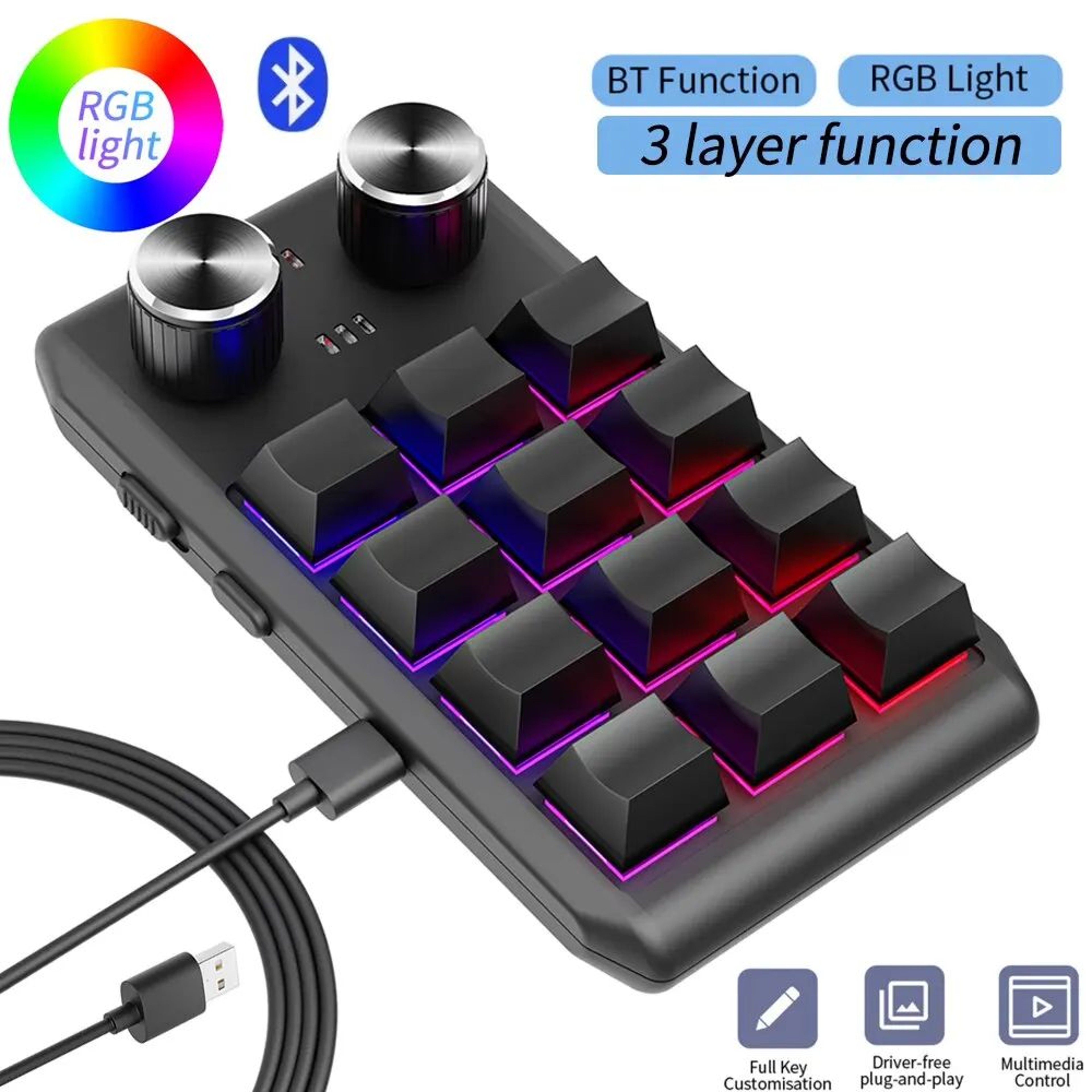 Bluetooth Macro Keyboard With 12 Programmable Keys And Dual Knobs RGB Mechanical Macropad 0