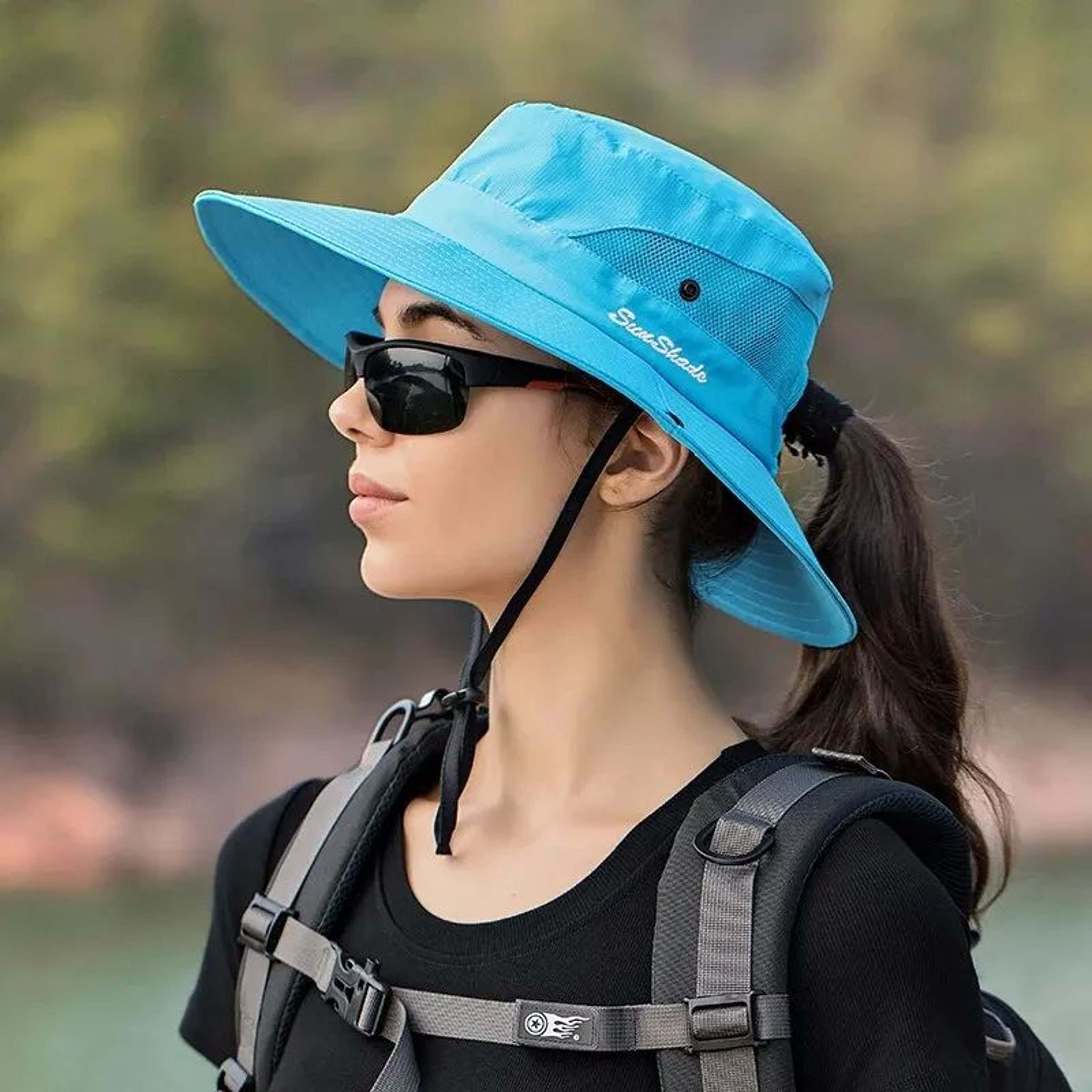 Womens Wide Brim Sun Hat With Ponytail Hole Foldable UV Protection Hat For Hiking Beach Gardening 2