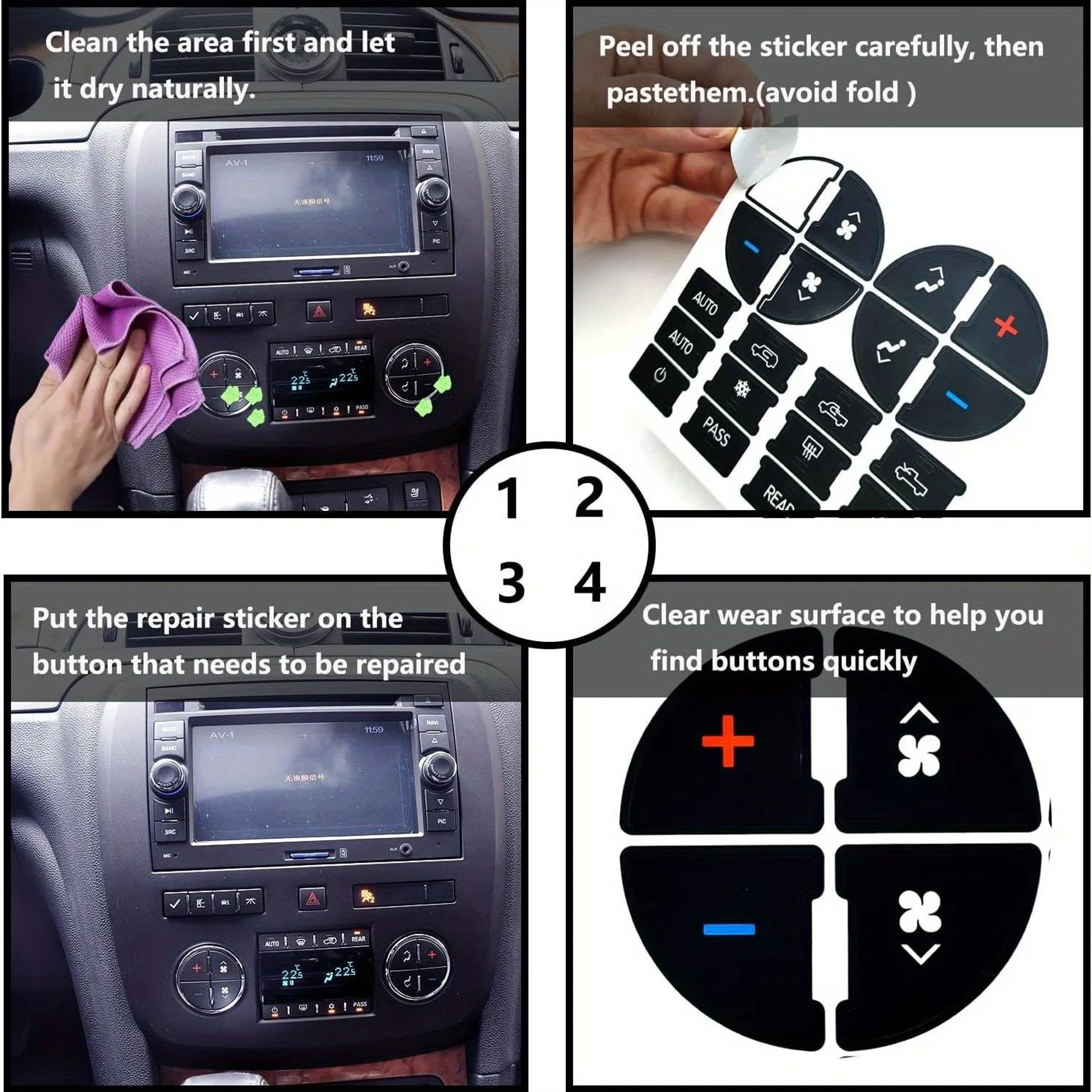 Universal Car AC Button Repair Sticker Dashboard Climate Control Button Decal Kit 4