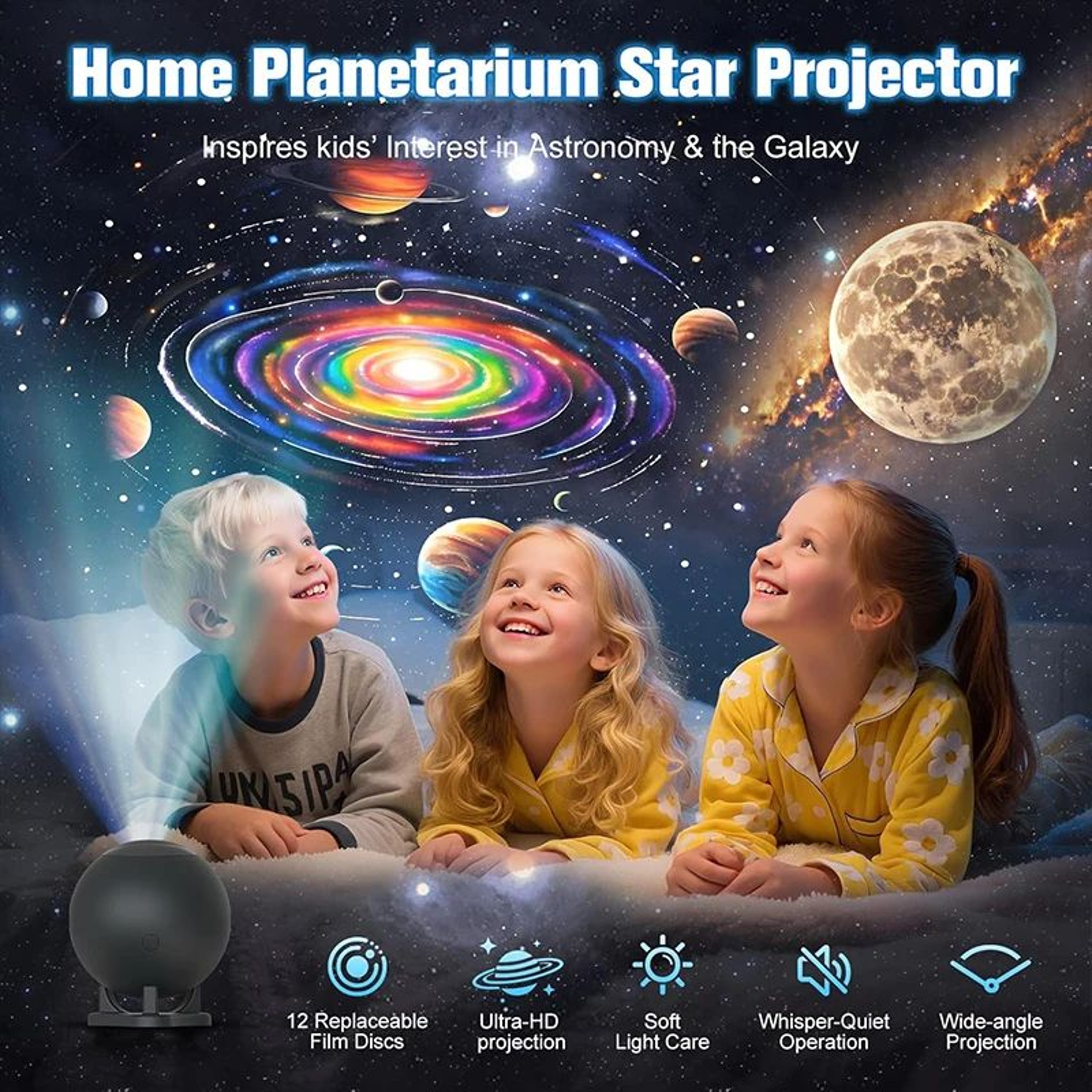 GalaxyGlow Star Projector Night Light With 12 HD Film Discs And USB Powered Planetarium Lamp 4