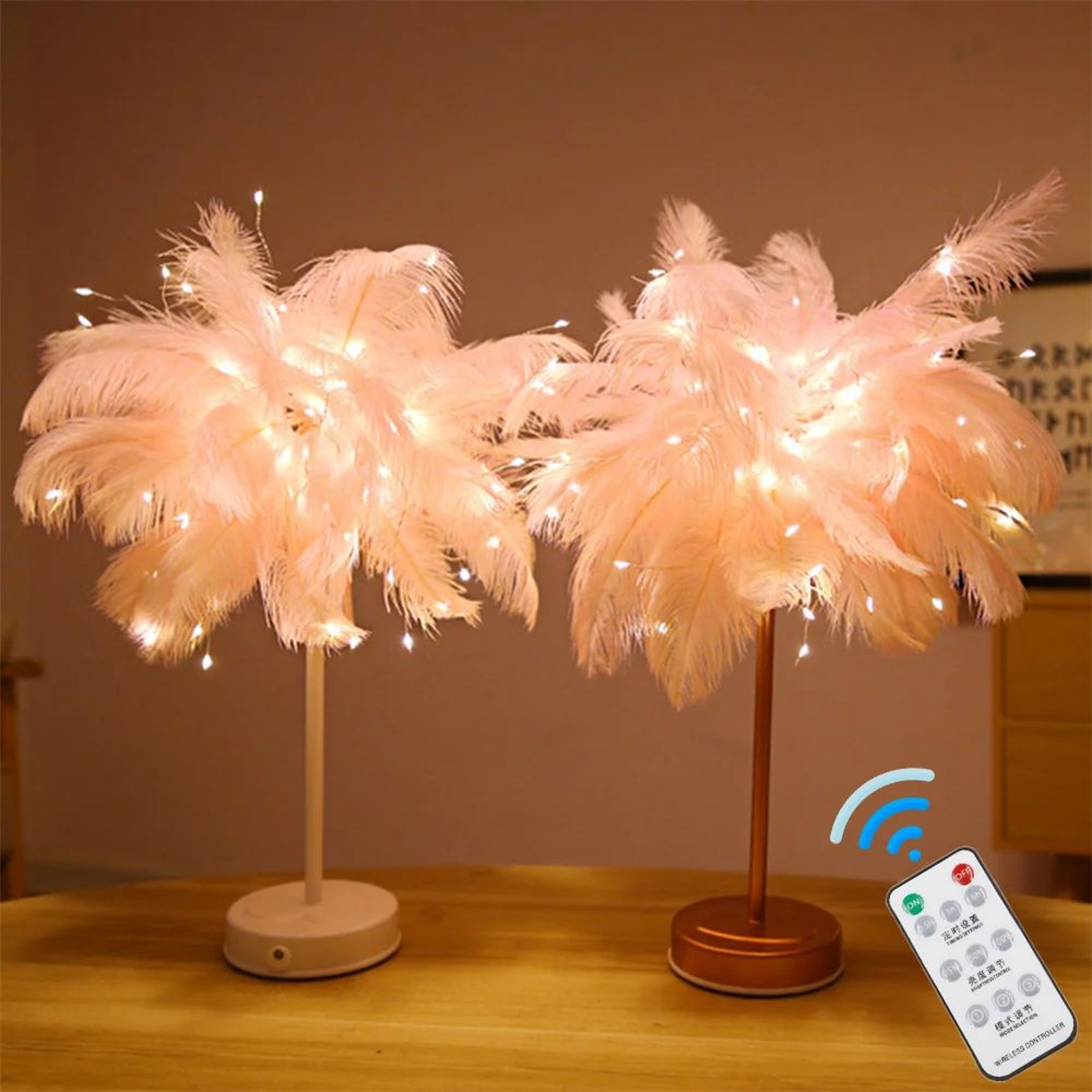 Feather Table Lamp With Remote Control USB Table Lamp Warm White LED Bedside Light 0