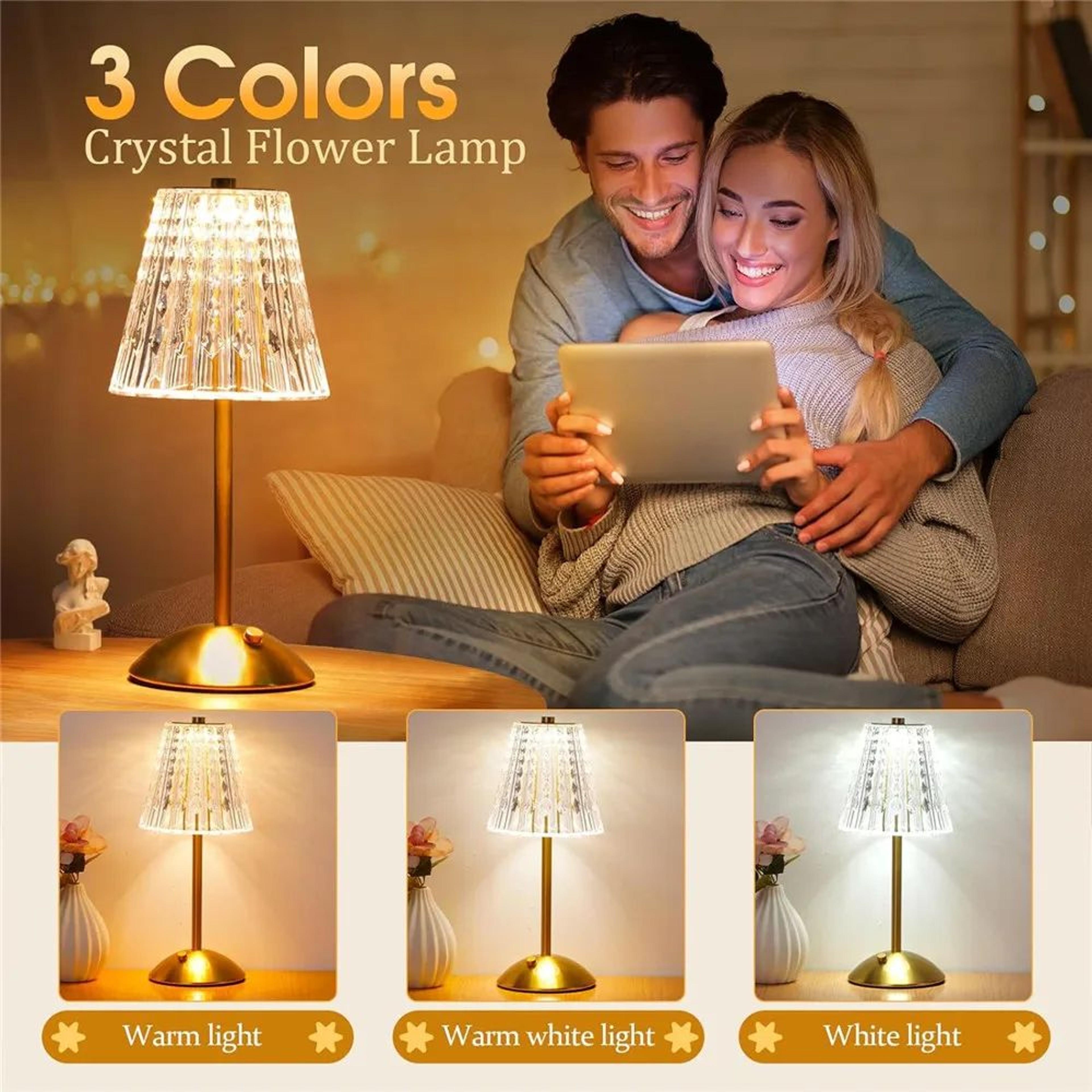 Cordless Crystal Table Lamp Rechargeable Touch Lamp With 3 Color Dimmable LED Light 4