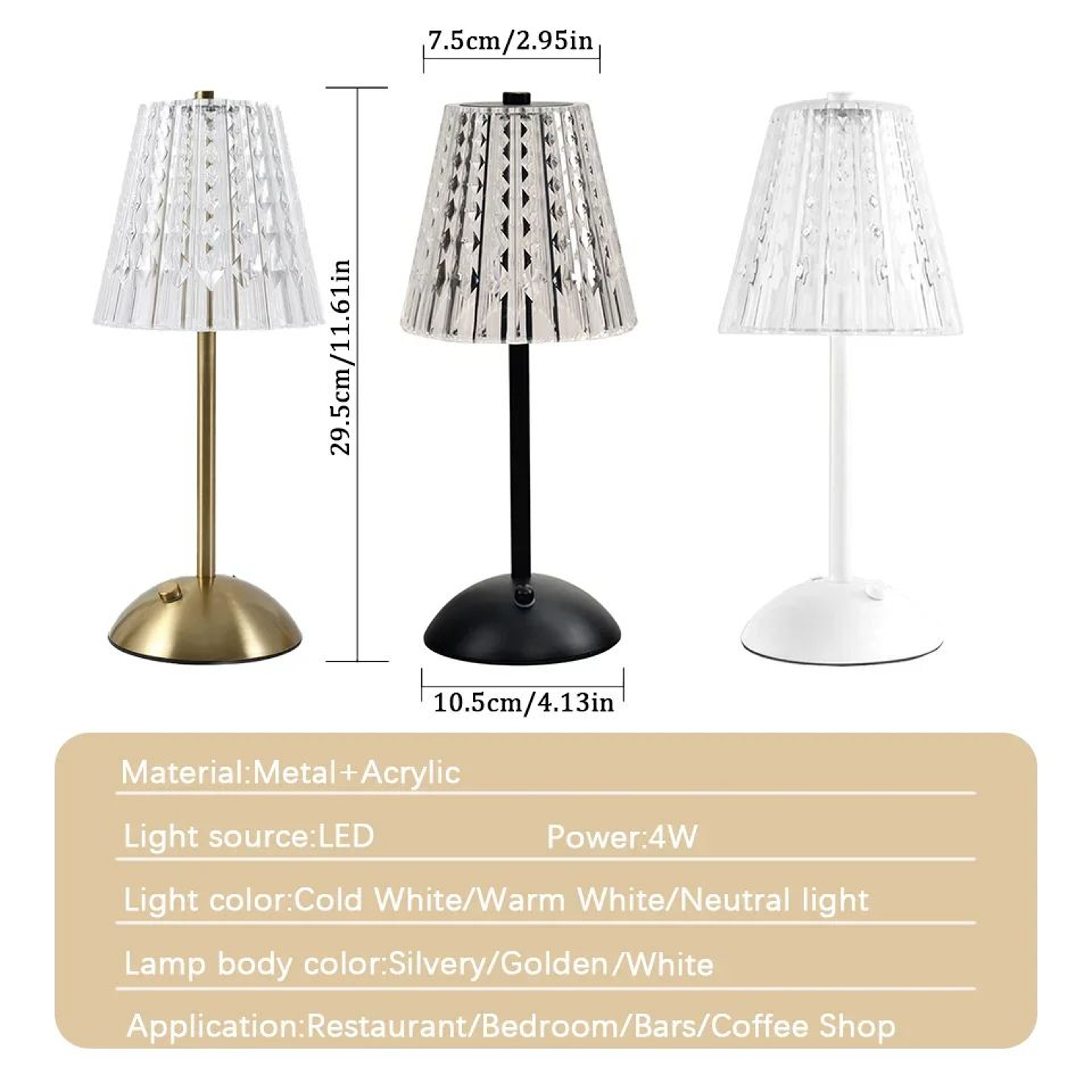 LuxeGlow Crystal LED Rechargeable Table Lamp With Touch Control 3 Light Colors  4W LED 4